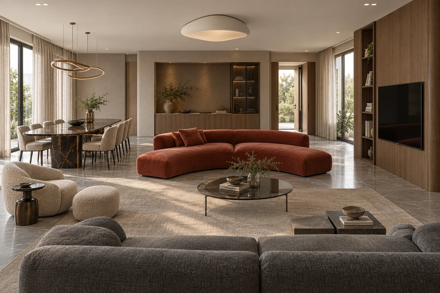 Option 2 — Curved rust-toned sofa & dining space