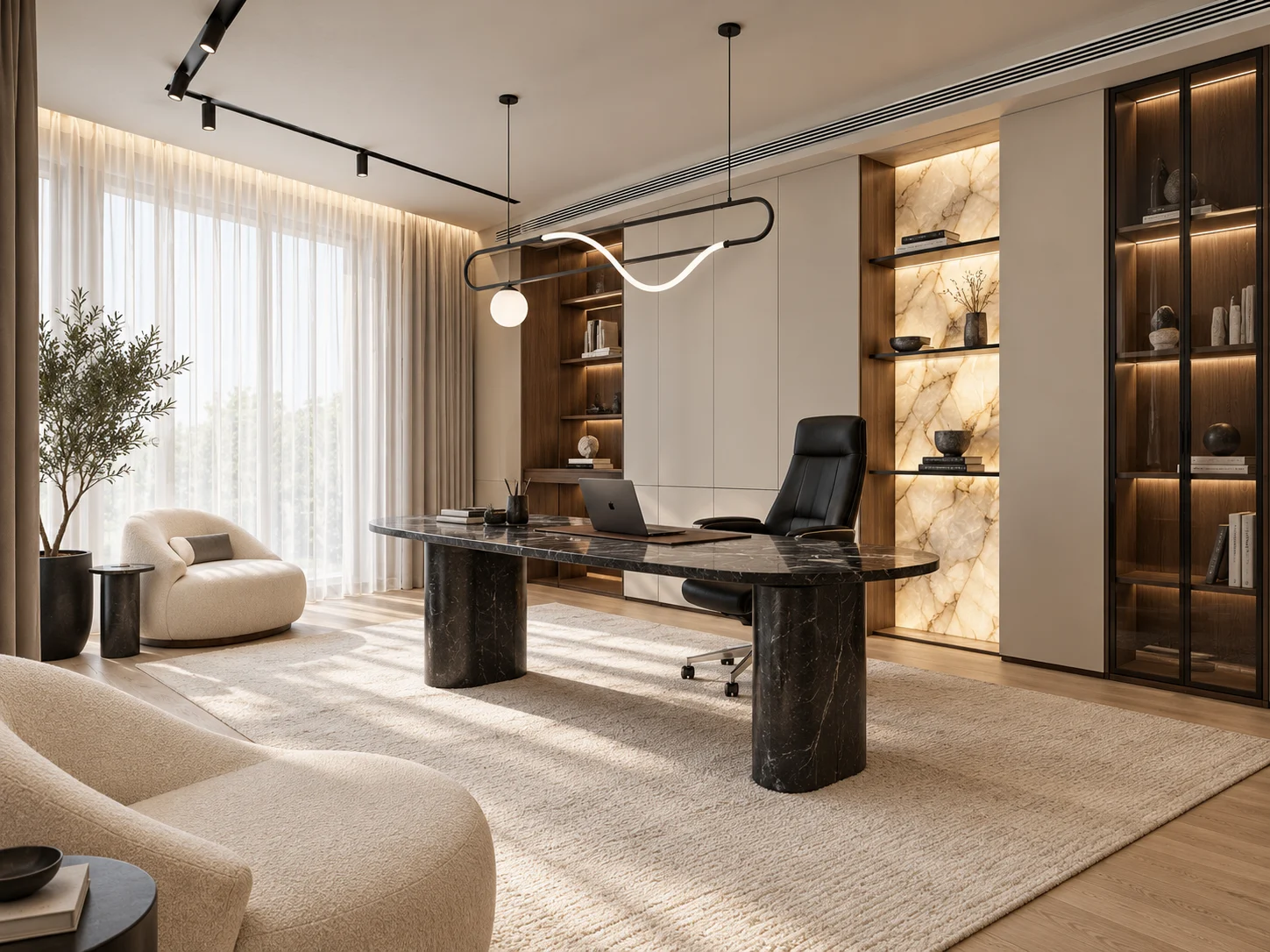 Home office with a sculptural dark desk and illuminated display shelves