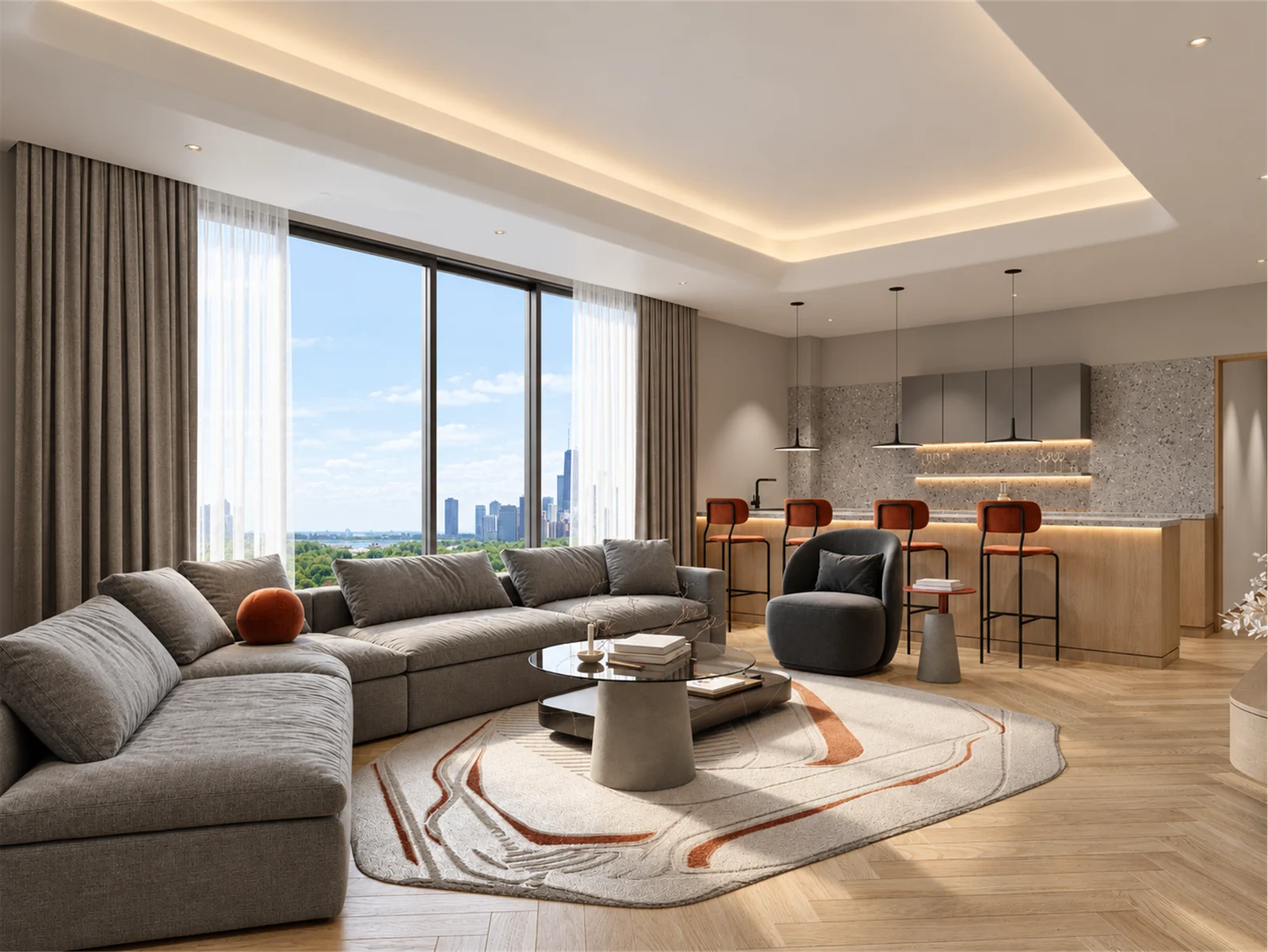 Upper-floor lounge & kitchenette overlooking the city