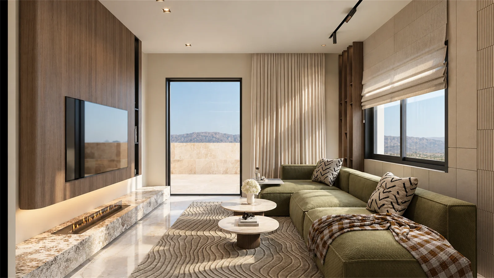 Family lounge with olive-green seating