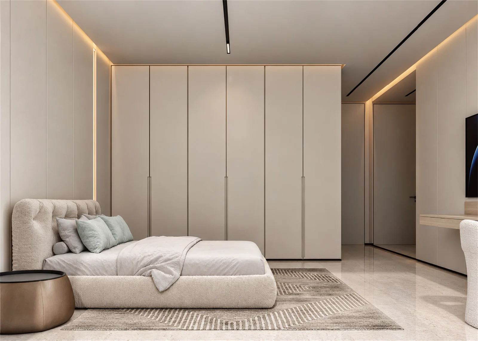 Upholstered bed & full-height wardrobes