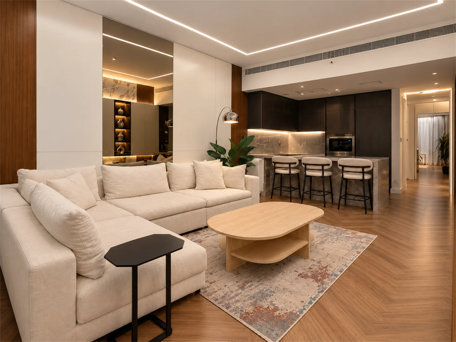 Living room & open kitchen with breakfast bar