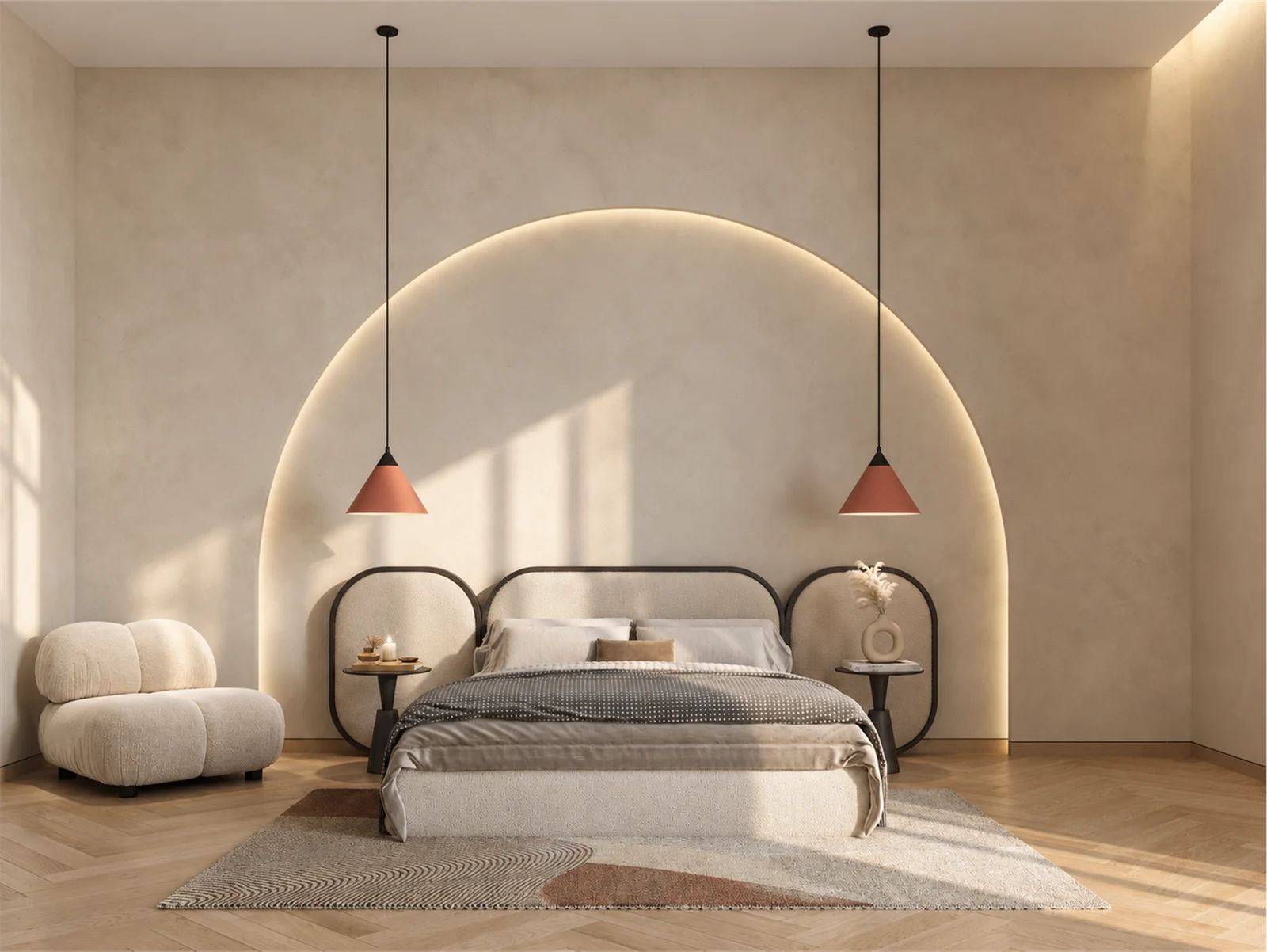 Bedroom with a backlit arch & terracotta pendant lights