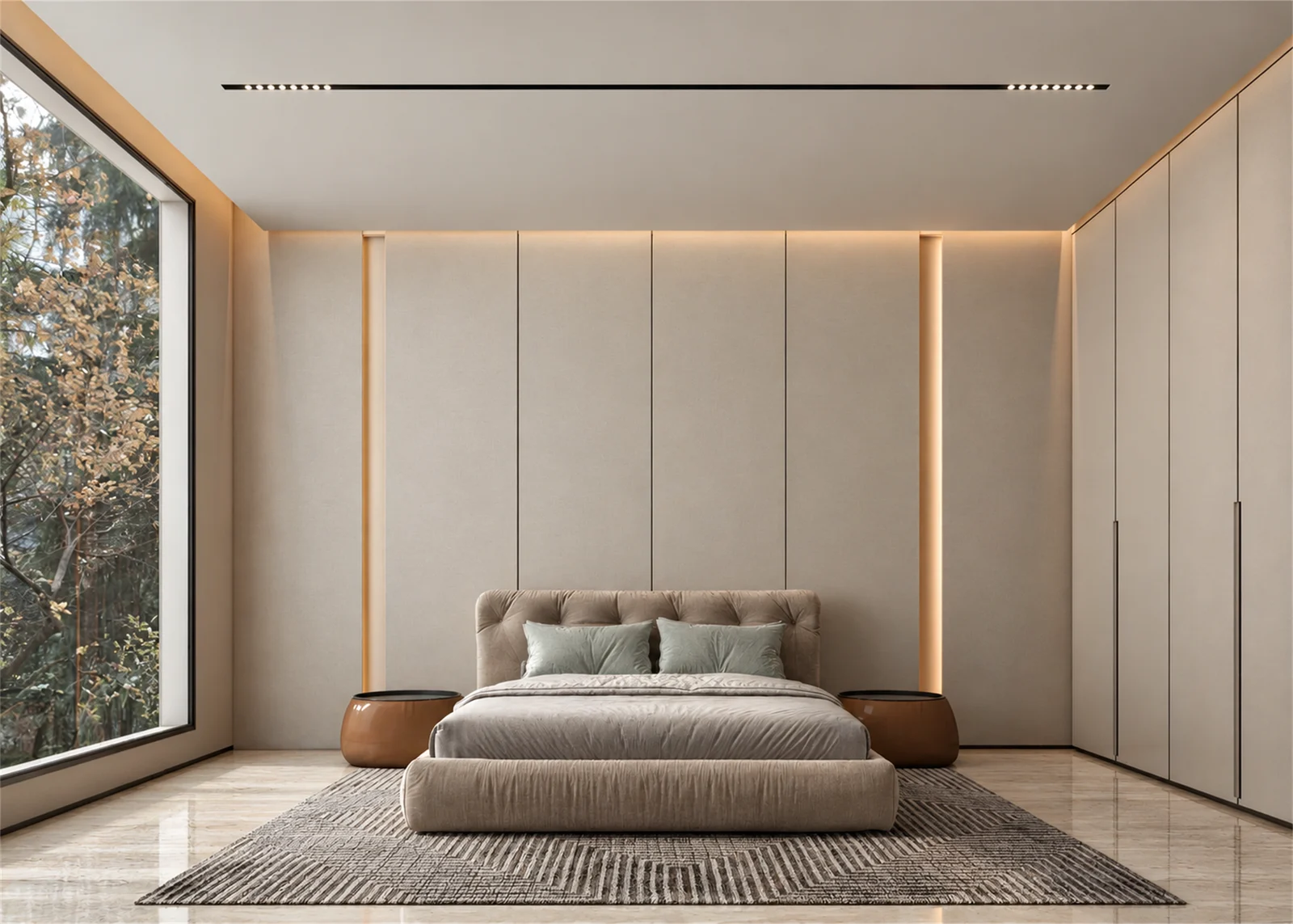 Bedroom with warm-toned bedside tables