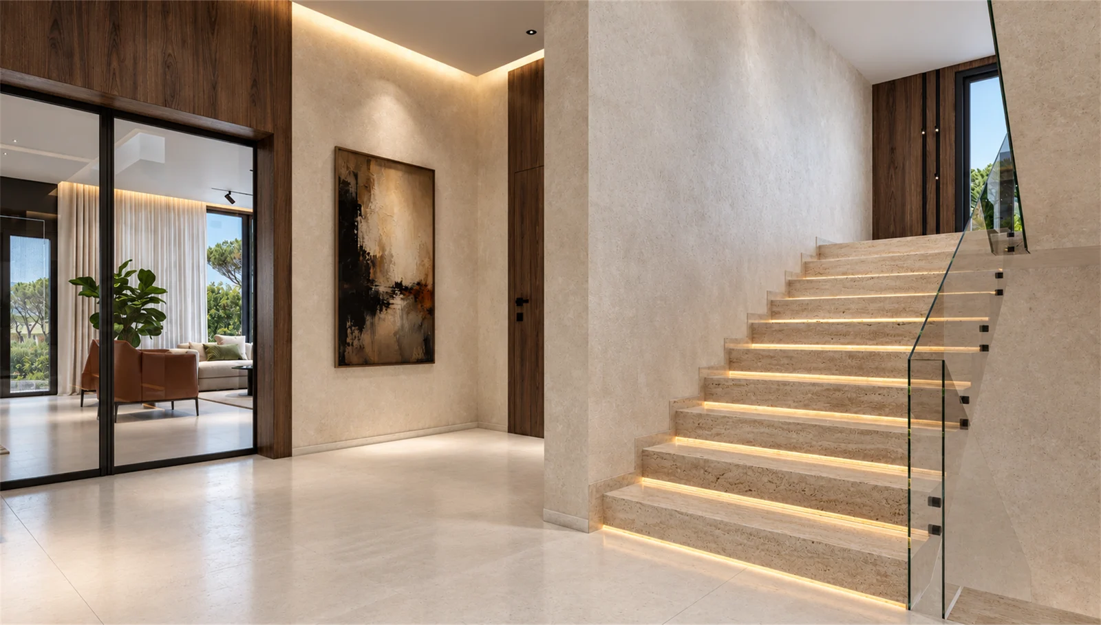 Illuminated staircase with a glass balustrade beside the entrance hall