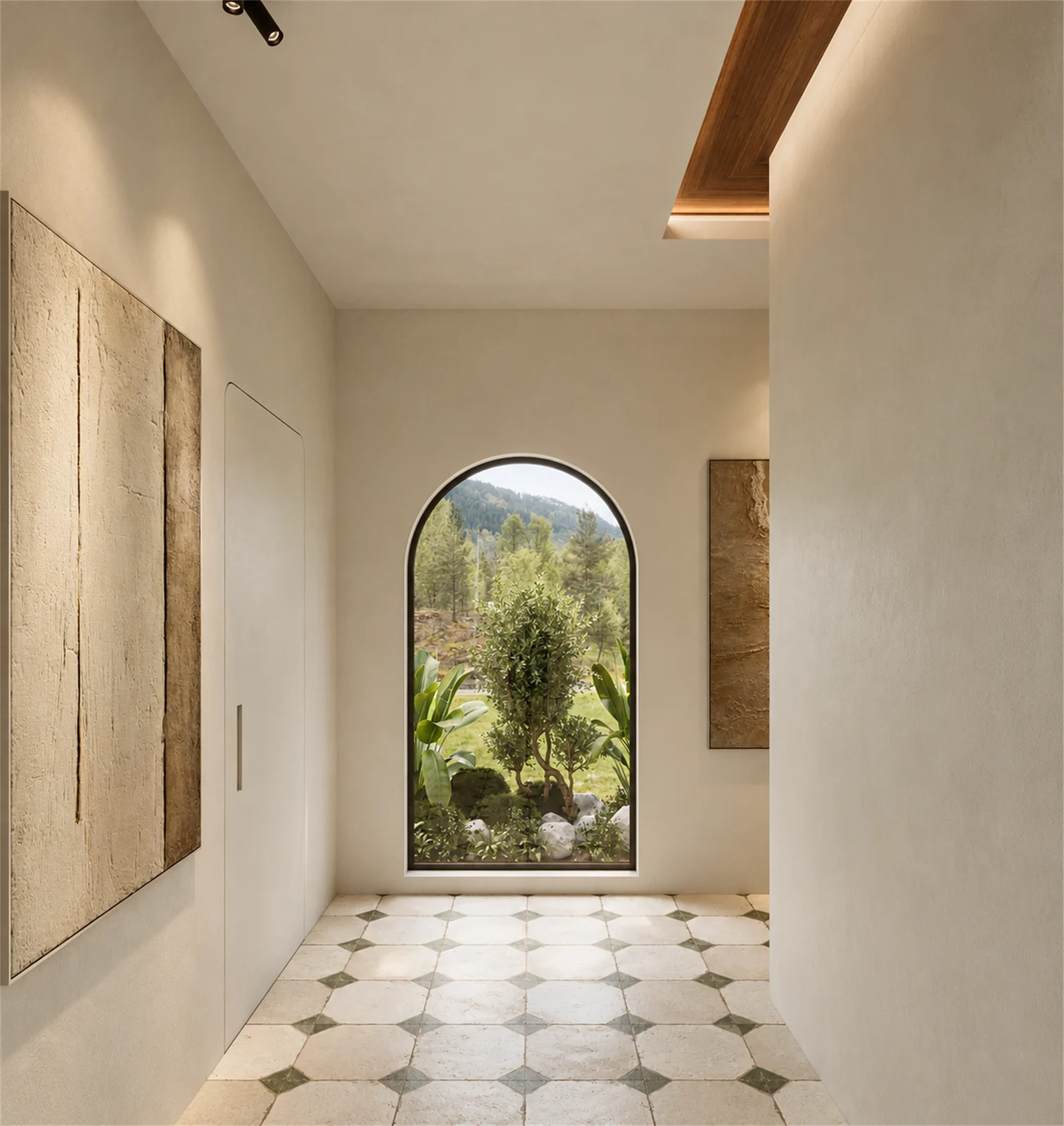 Garden-facing arch & textured wall panels