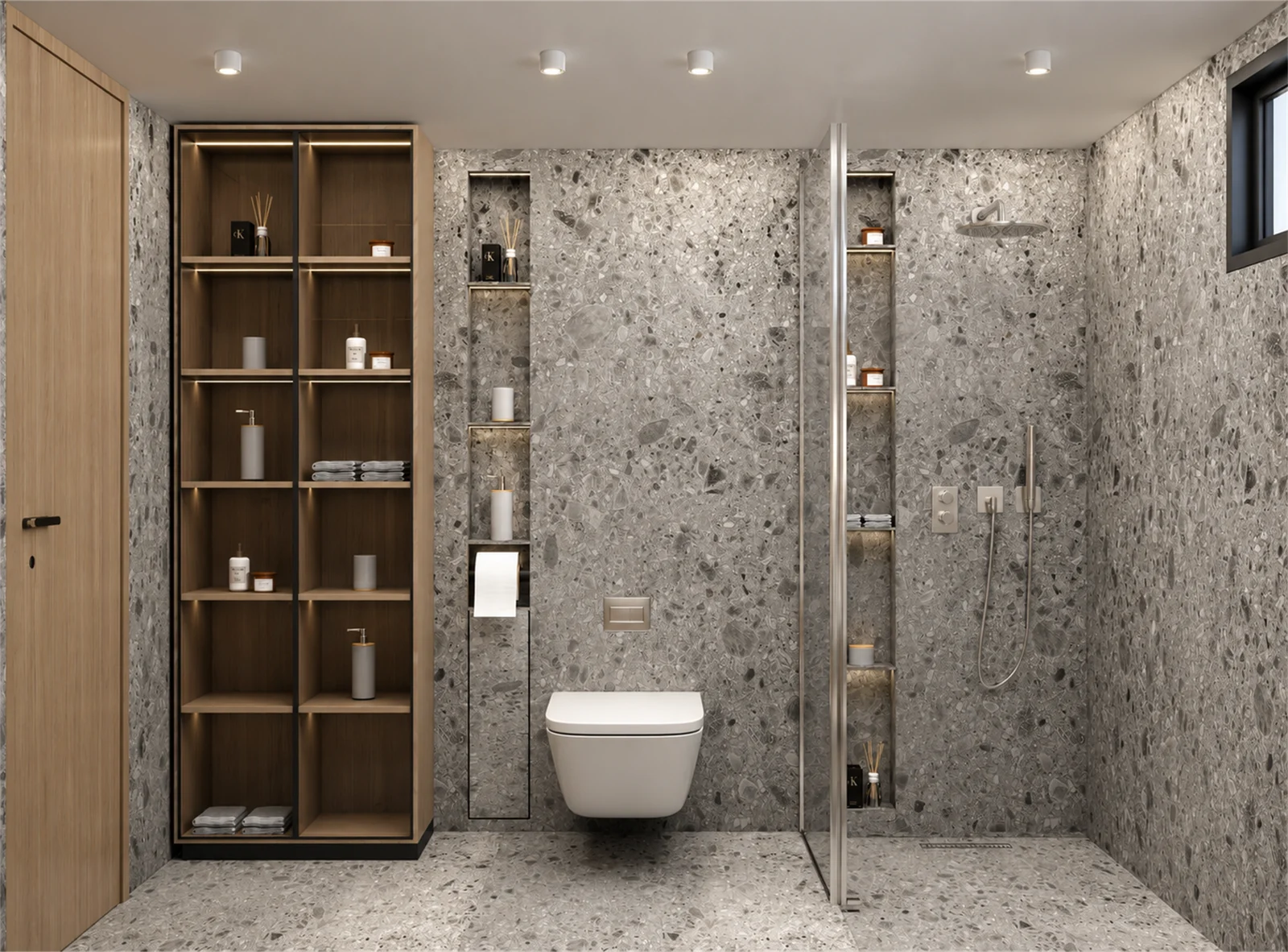 Walk-in shower & illuminated timber storage