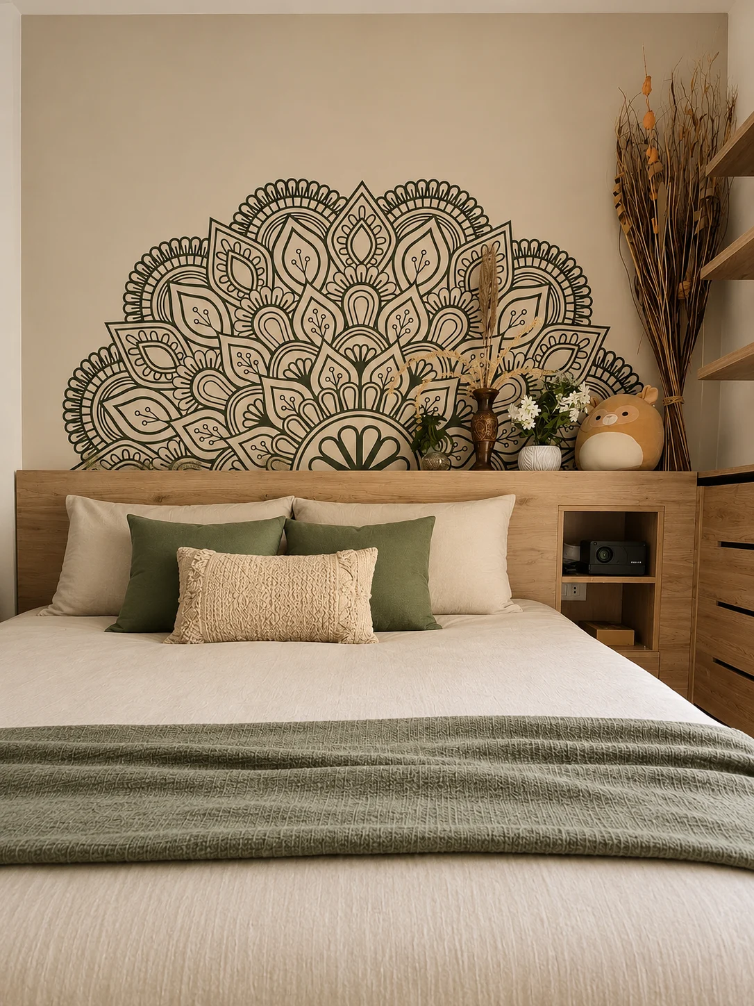 Bedroom with a mandala feature wall