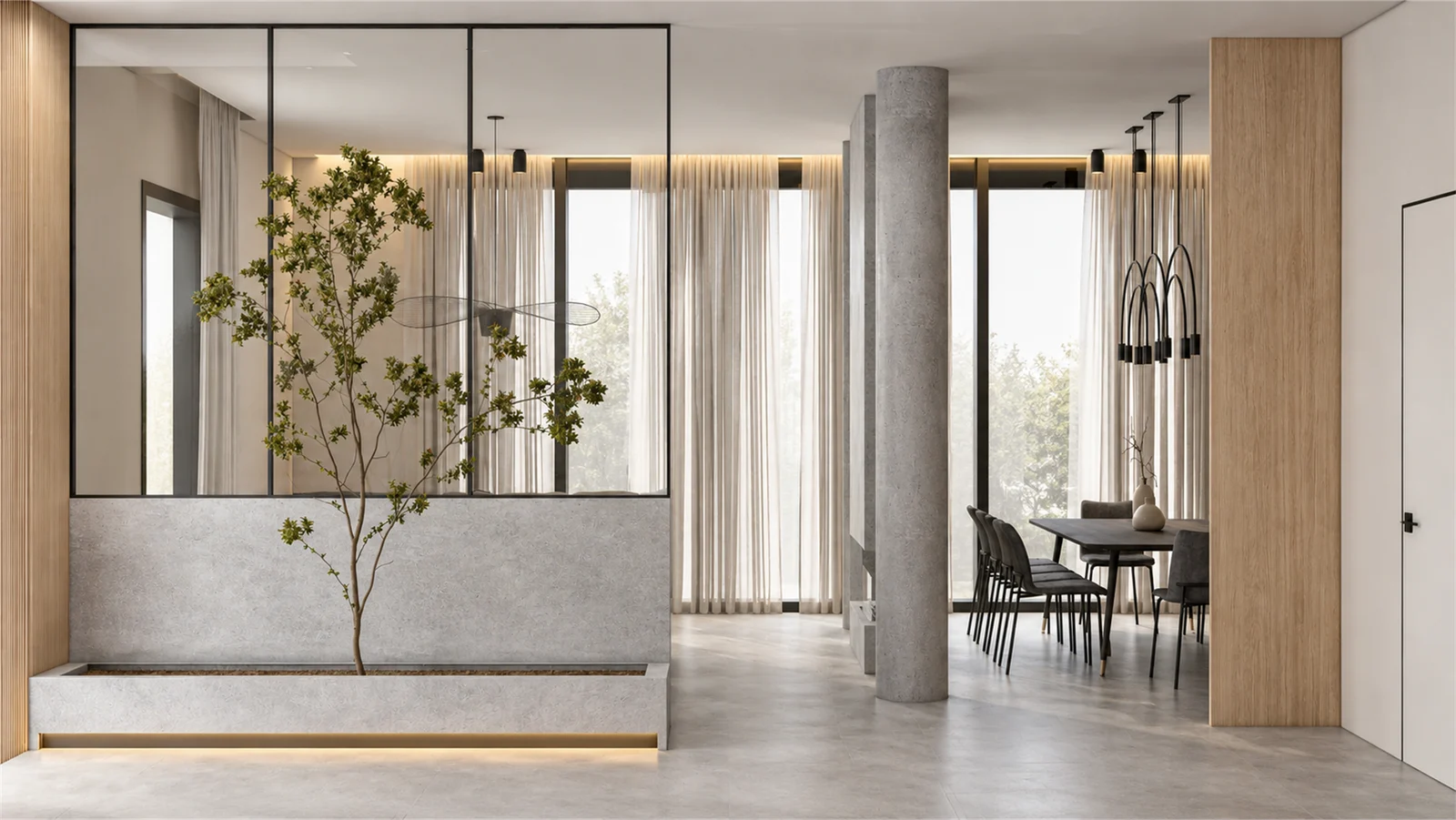 Entrance with an illuminated planter & black-framed glass partition
