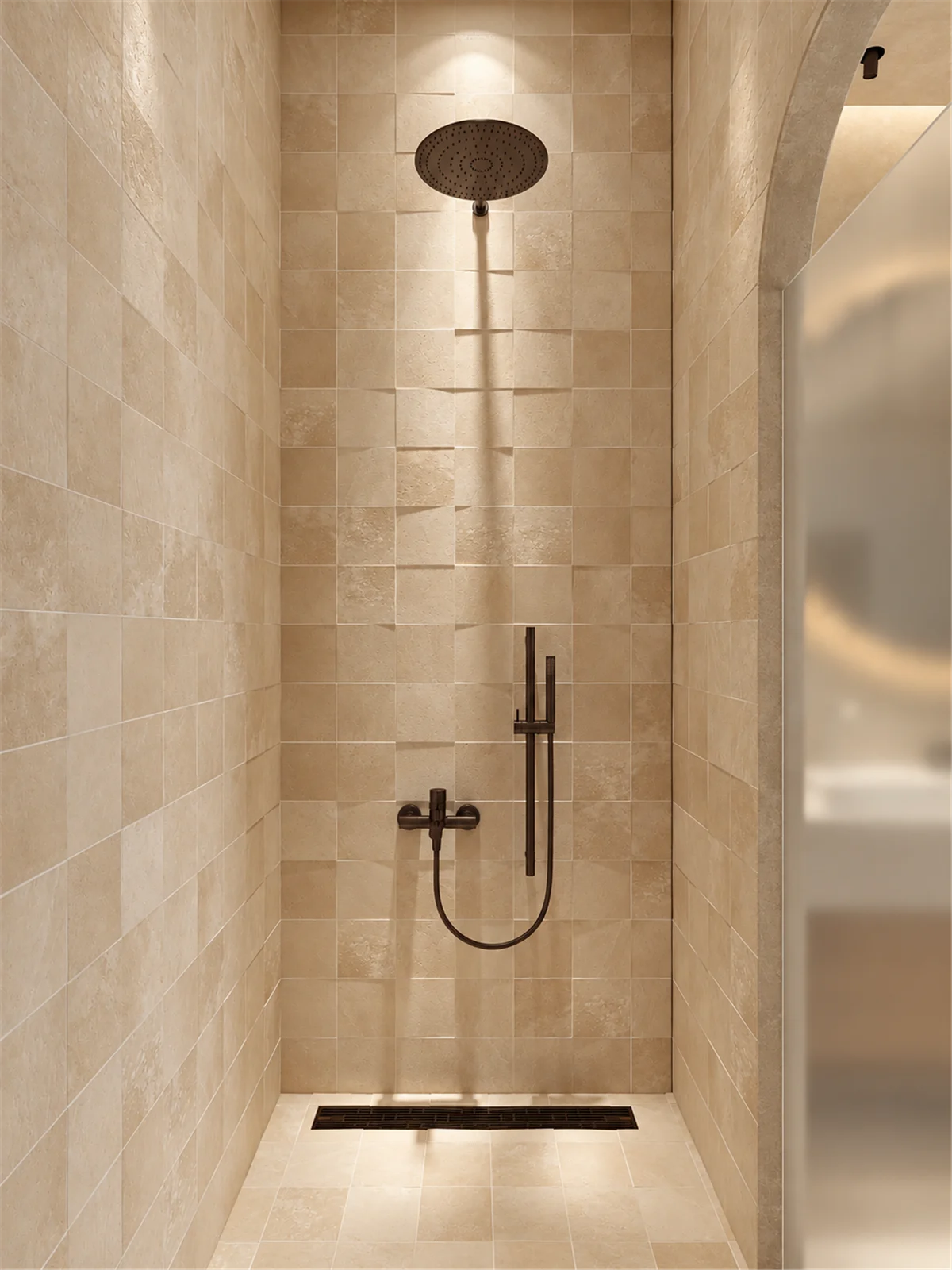 Stone-toned walk-in shower
