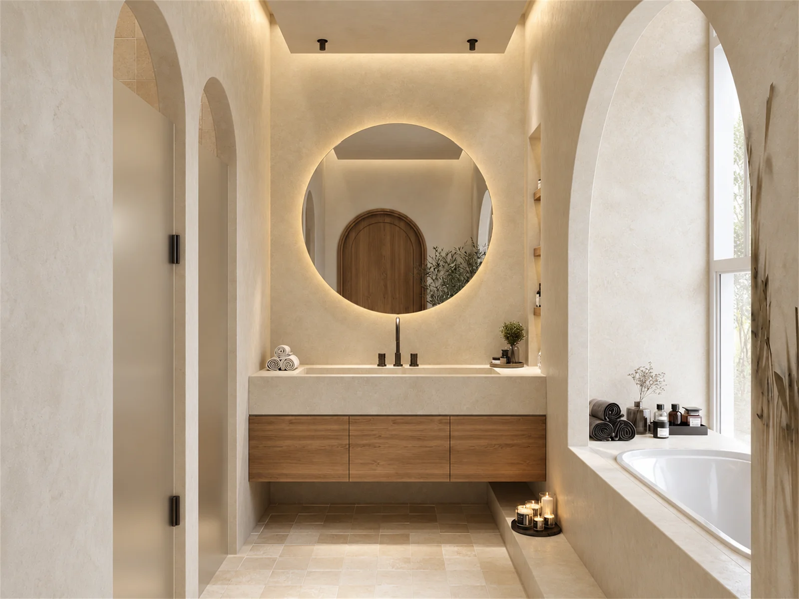 Floating vanity & illuminated round mirror