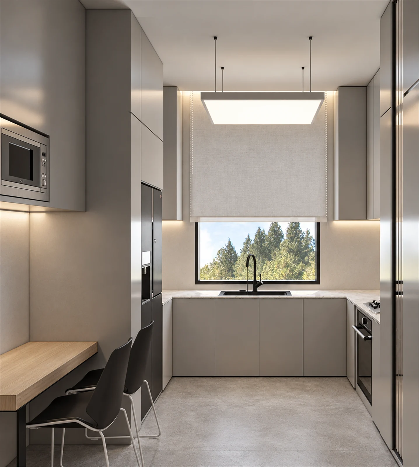 Kitchen with soft grey cabinetry & a window-side sink
