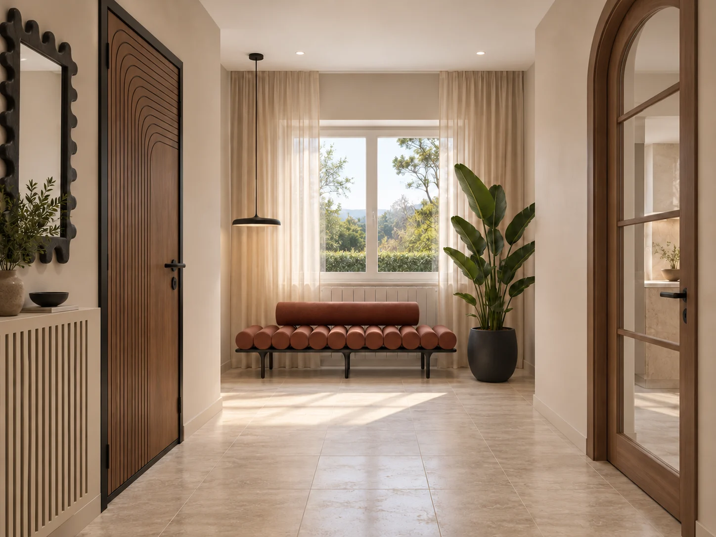 Entrance with a terracotta-toned bench & an arched glazed doorway