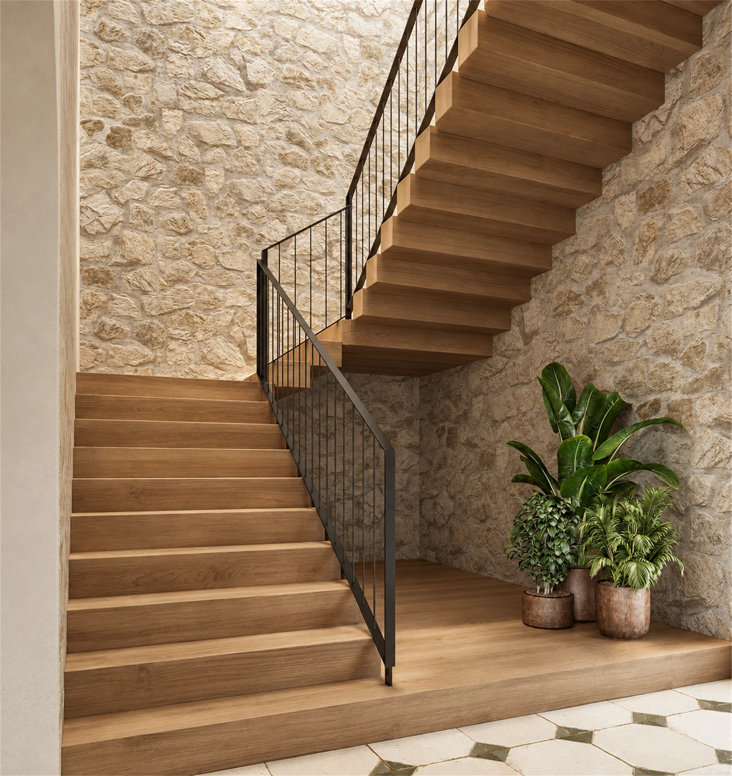 Timber staircase against textured stone
