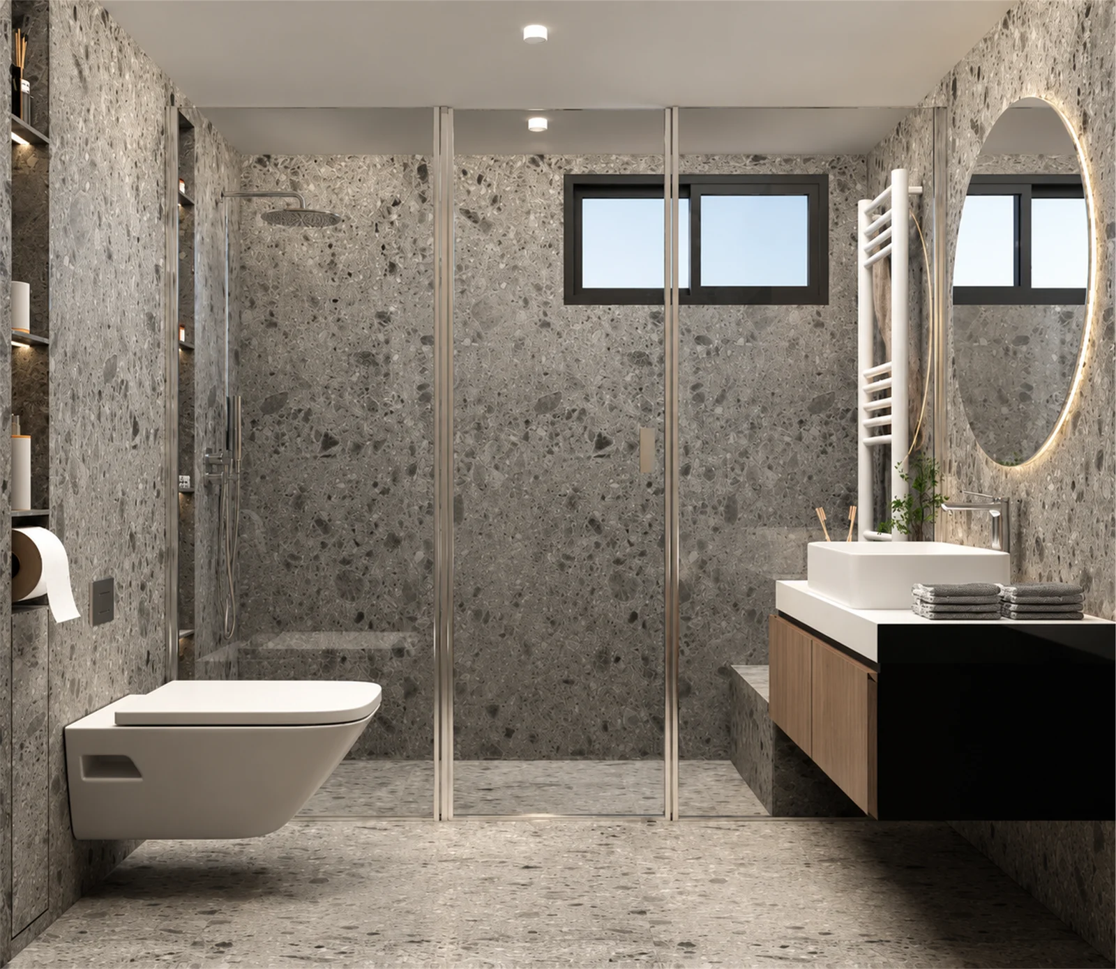 Glass shower enclosure & textured grey finishes