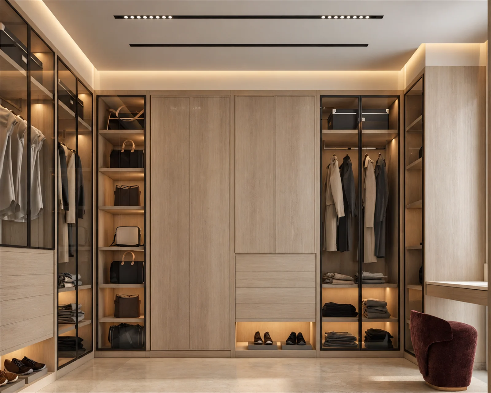 Walk-in wardrobe with illuminated storage