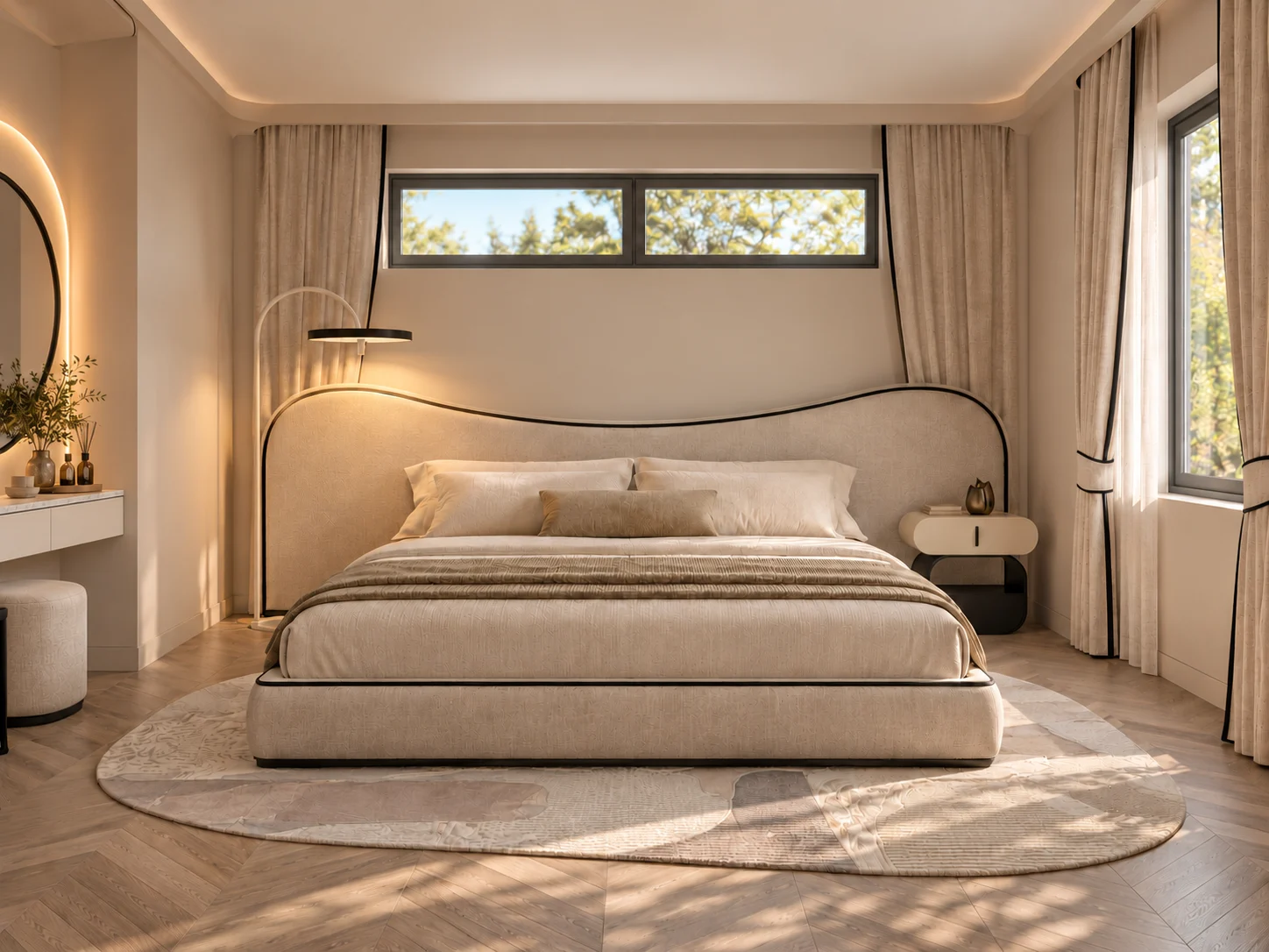 Bedroom with a sweeping upholstered headboard & soft curved details