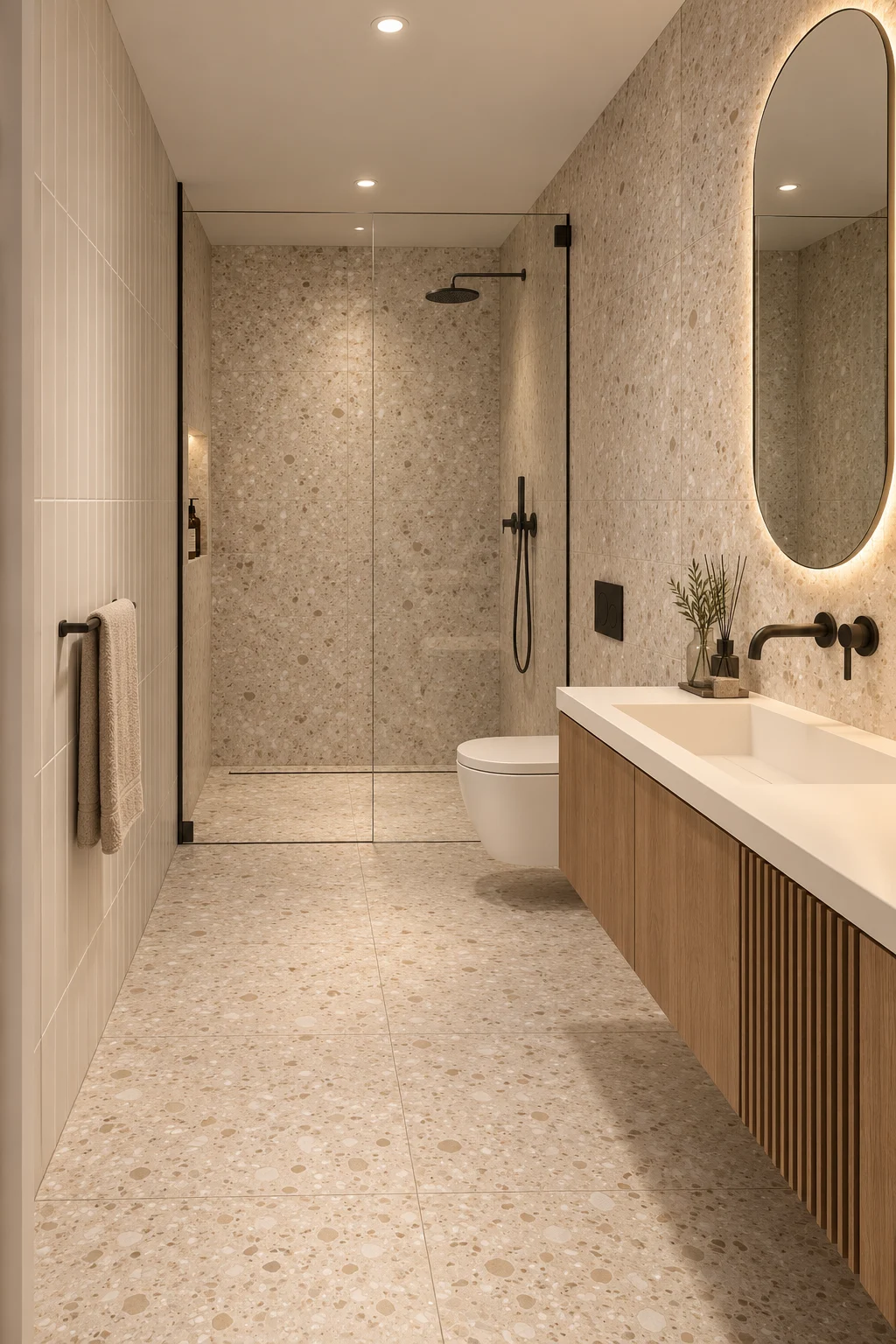 Main bathroom with a glazed shower & a floating timber vanity