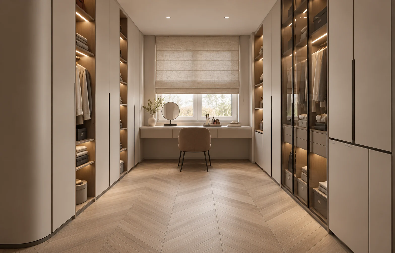 Walk-in dressing room with illuminated storage & a window-side vanity
