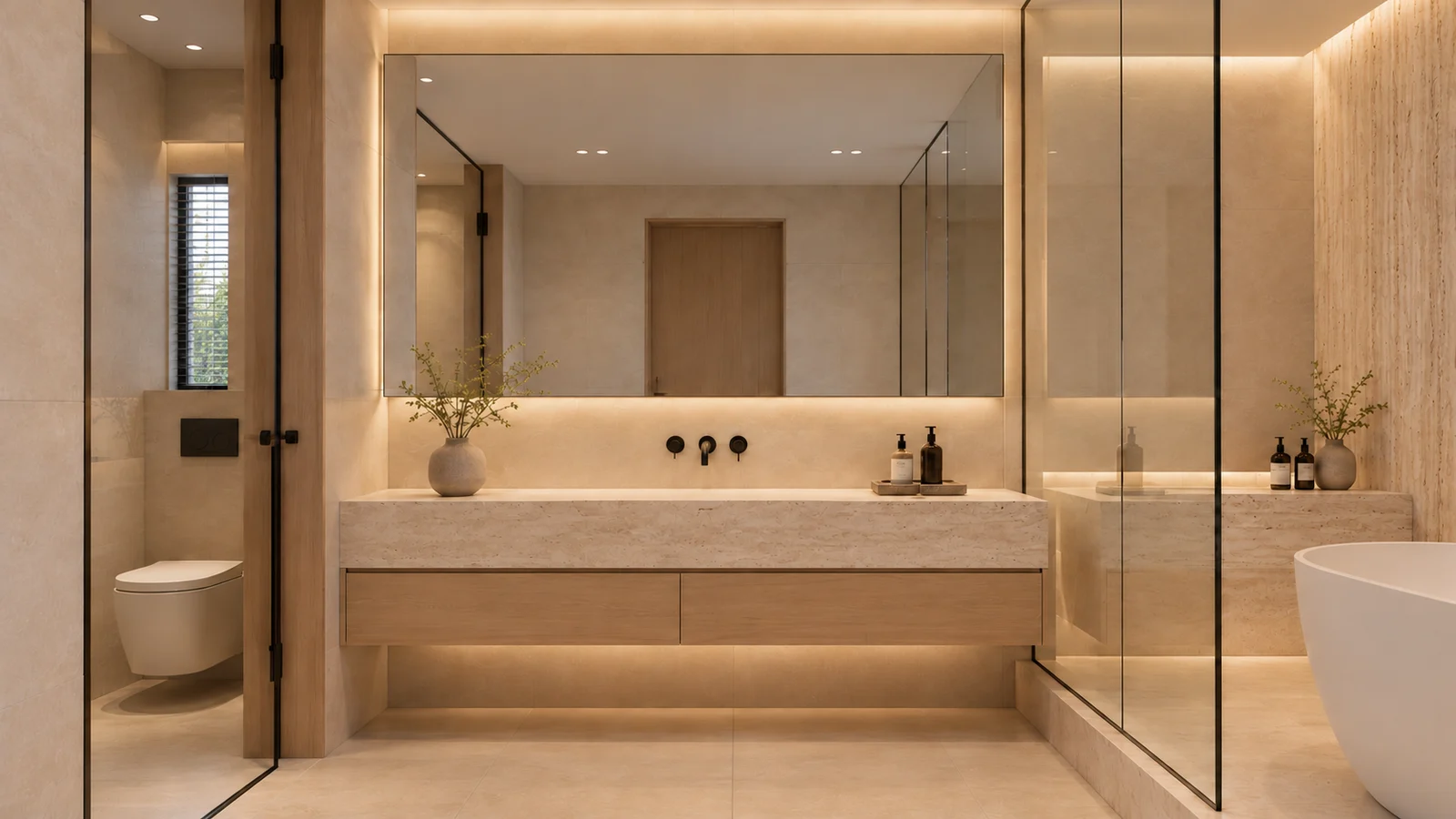 Main bathroom vanity with a broad mirror and concealed lighting
