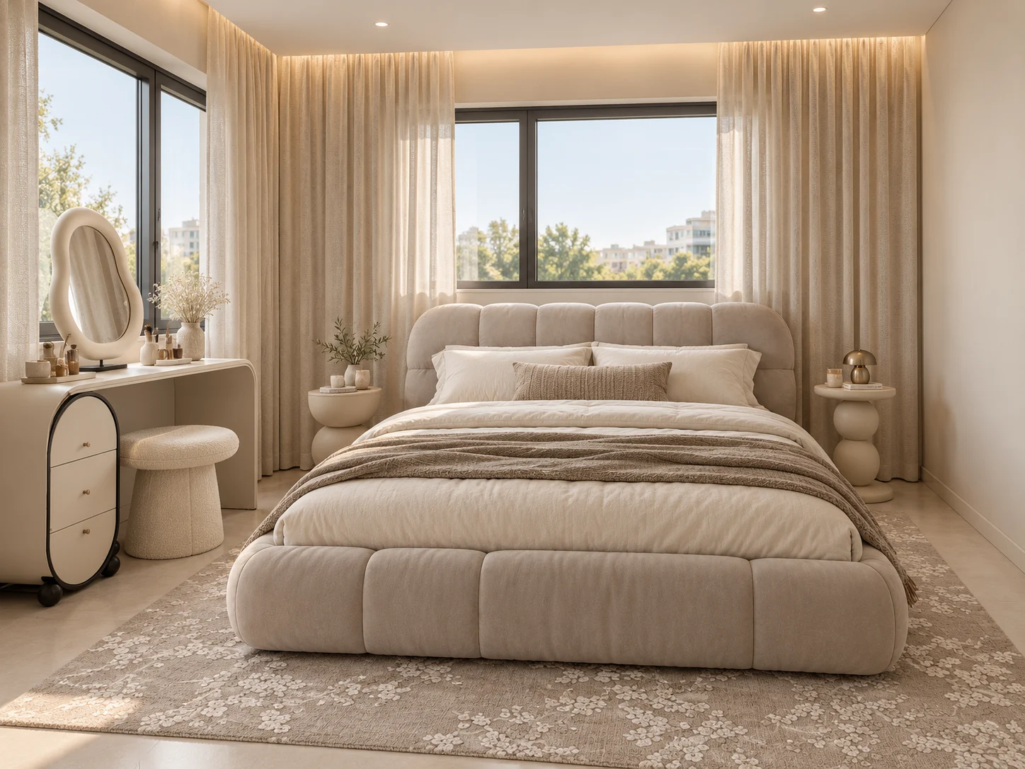 Bedroom with a softly upholstered bed & curved dressing table