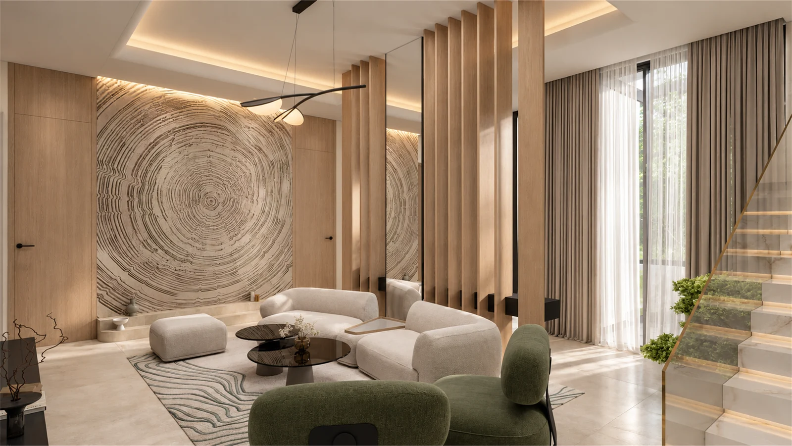 Reception lounge with curved seating & a circular wall feature
