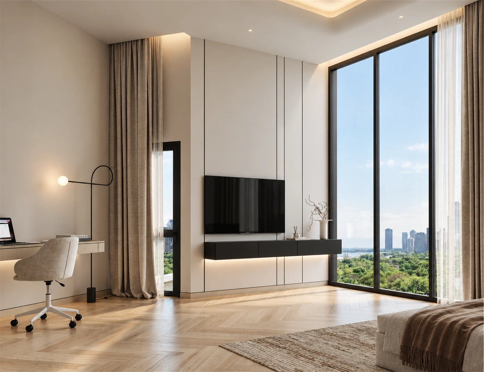 Bedroom TV cabinetry & desk beside full-height glazing