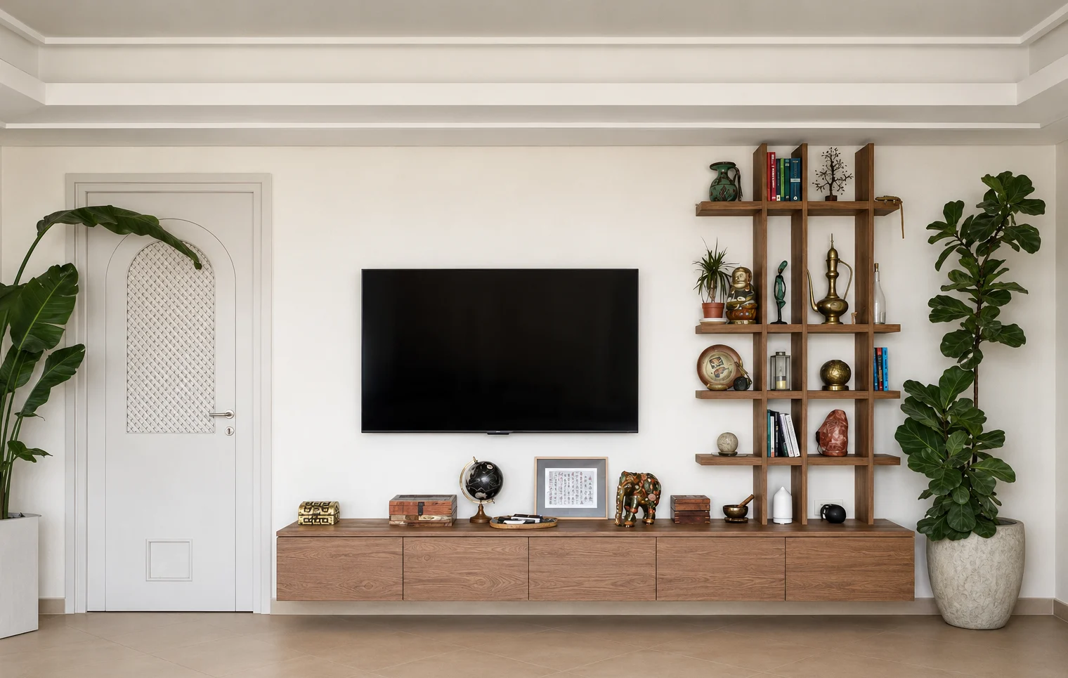 Living room TV wall & timber shelving