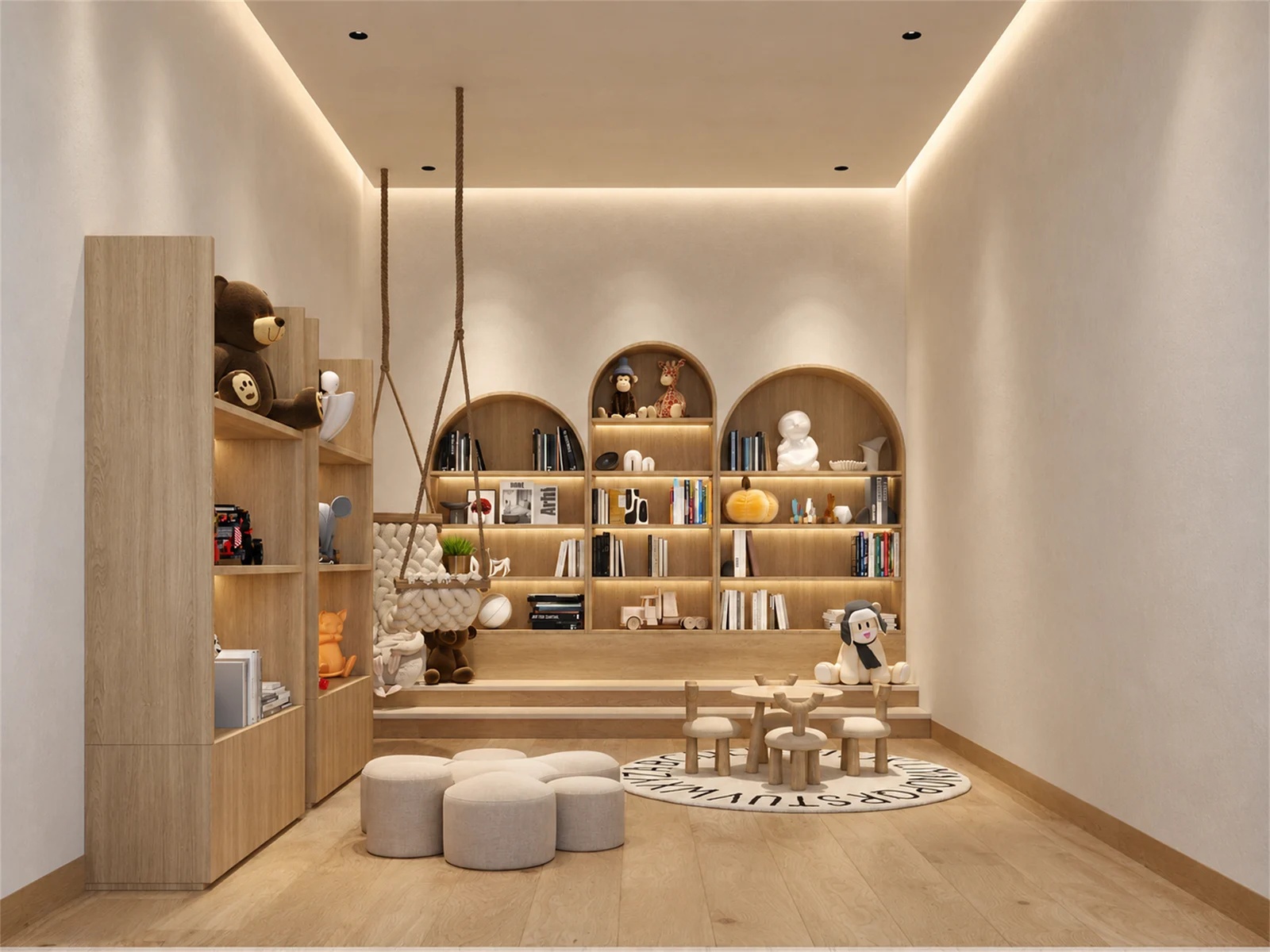 Playroom with arched bookshelves