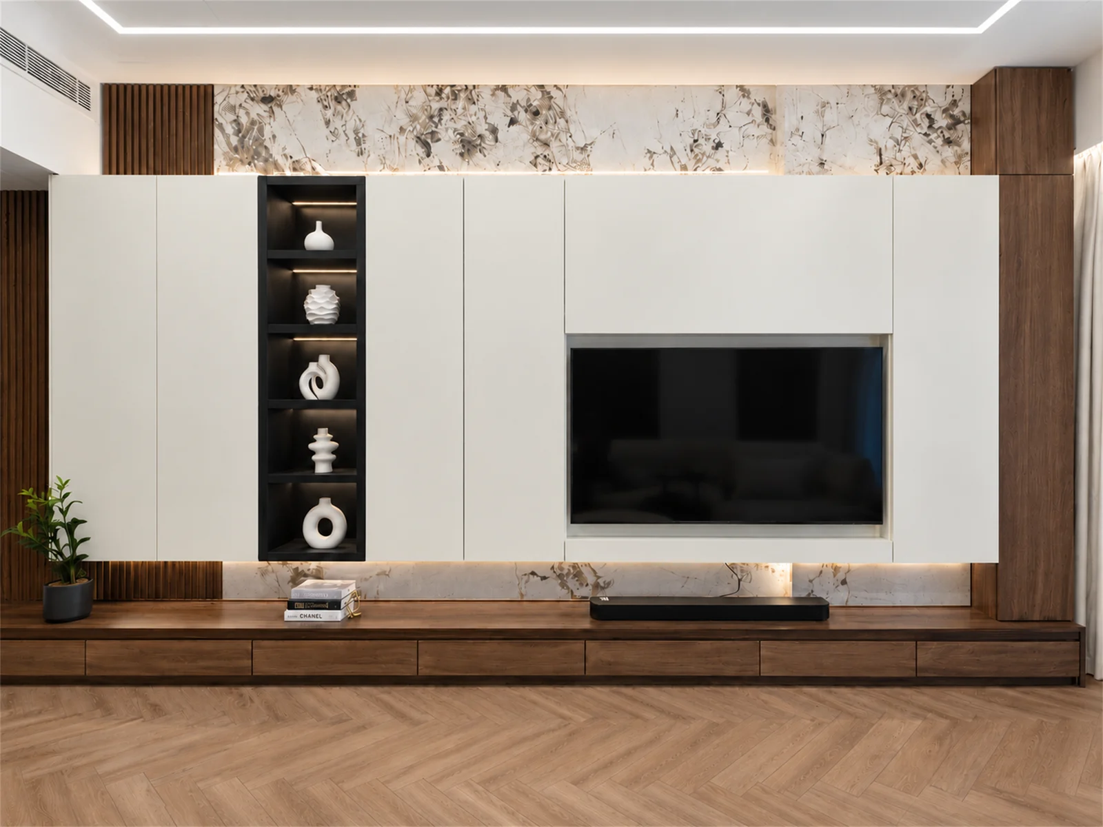 Integrated TV wall & illuminated display shelves