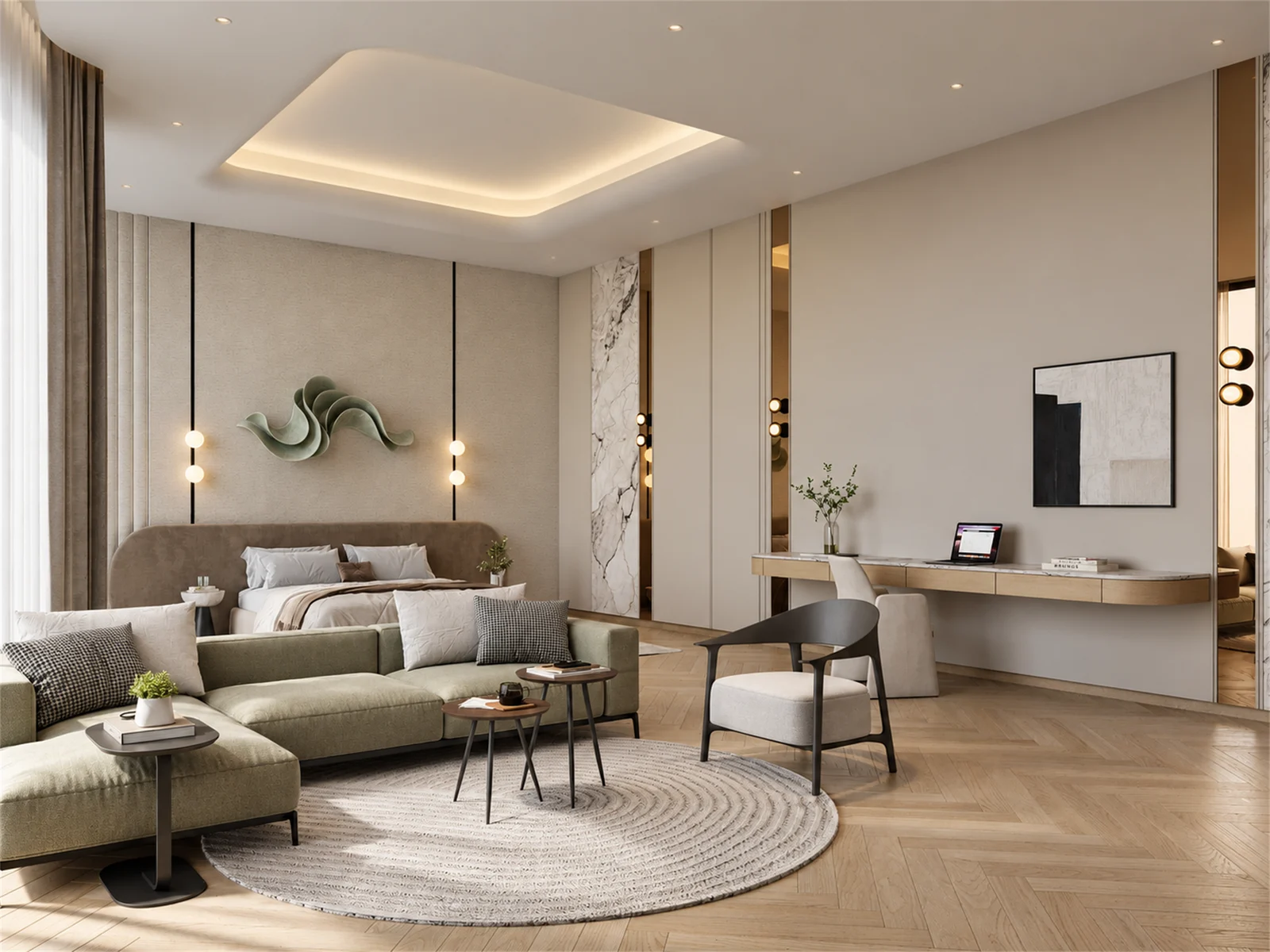 Main suite lounge with a window-side sofa & work area