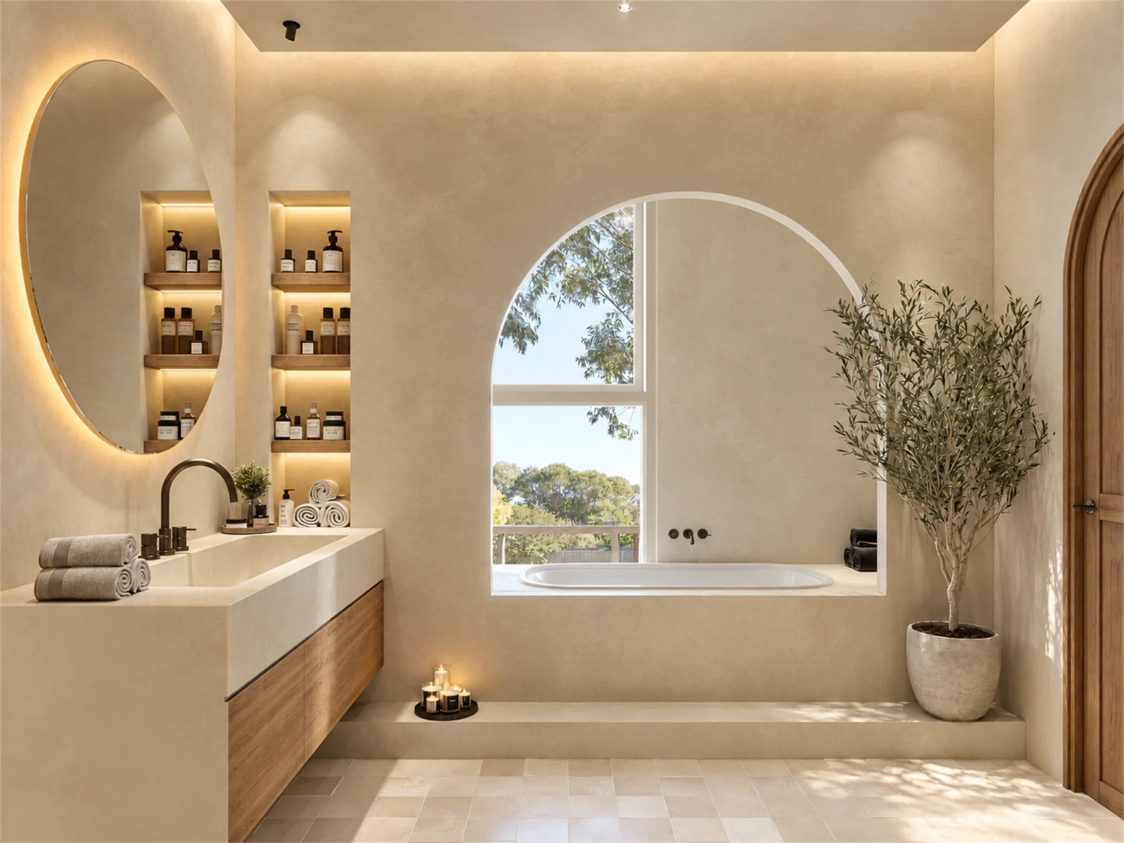 Bath alcove & illuminated storage niches
