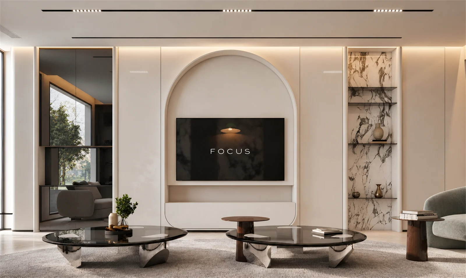 Arched reception TV wall & display shelving
