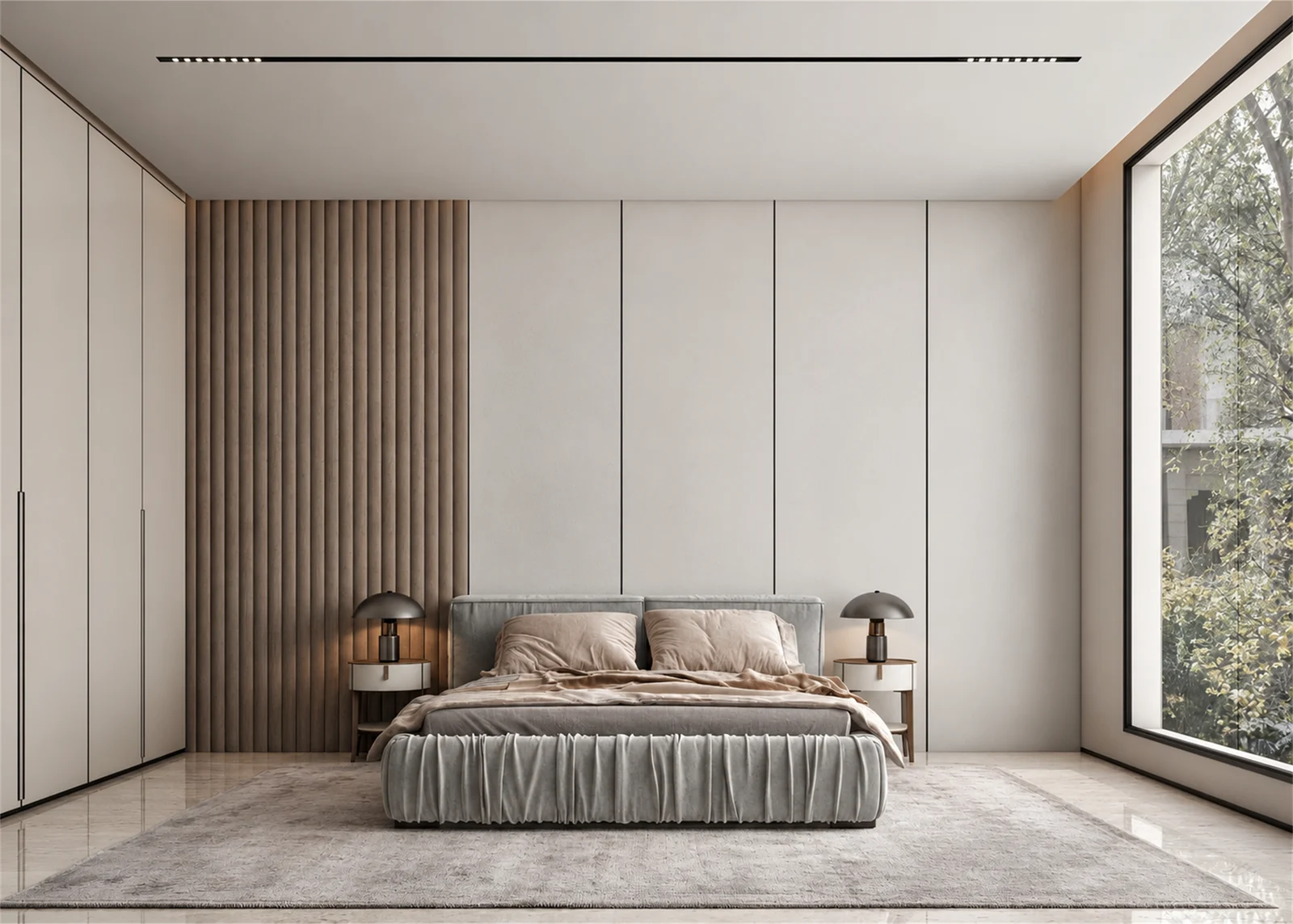 Bedroom with a slatted timber headboard feature