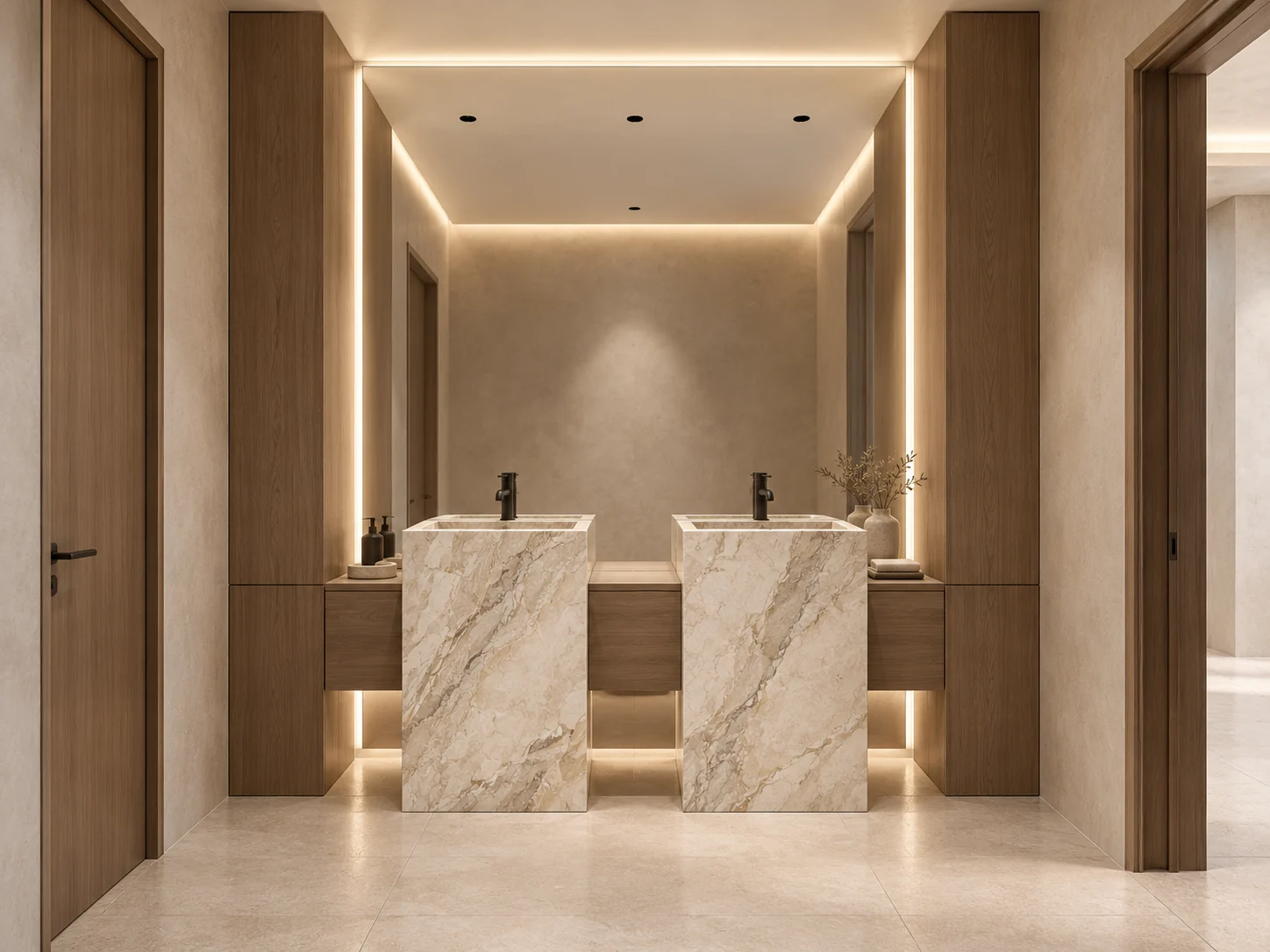 Majlis washroom with twin veined pedestal basins and softly illuminated mirrors