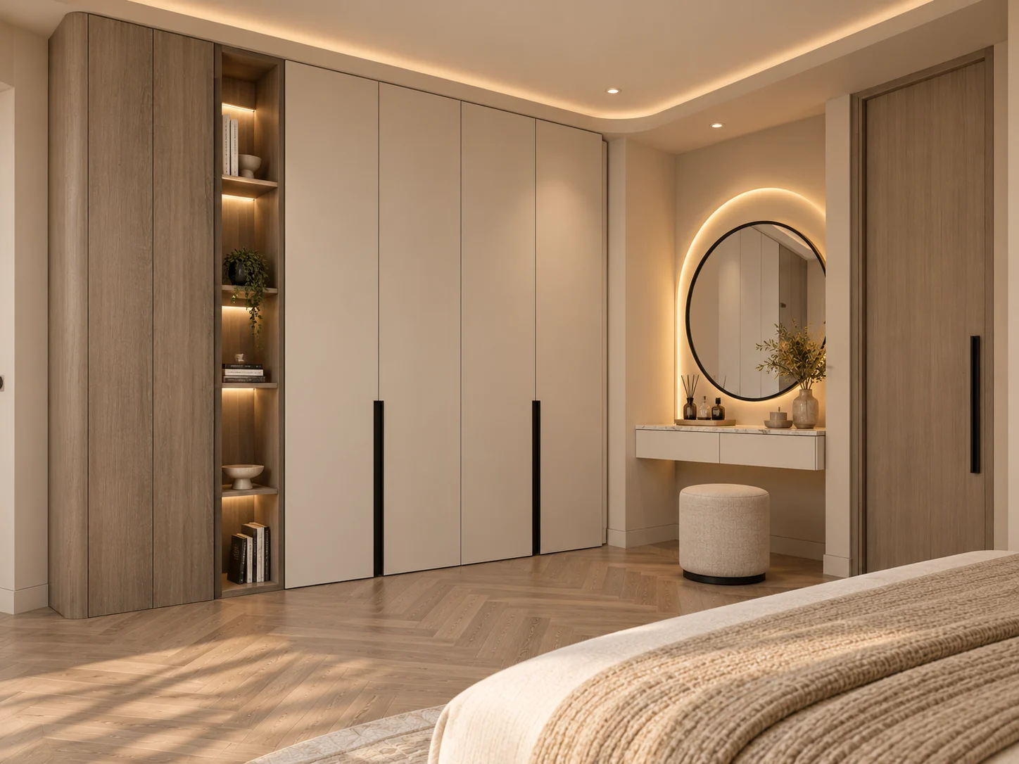Bedroom wardrobes & dressing table beneath an illuminated arch