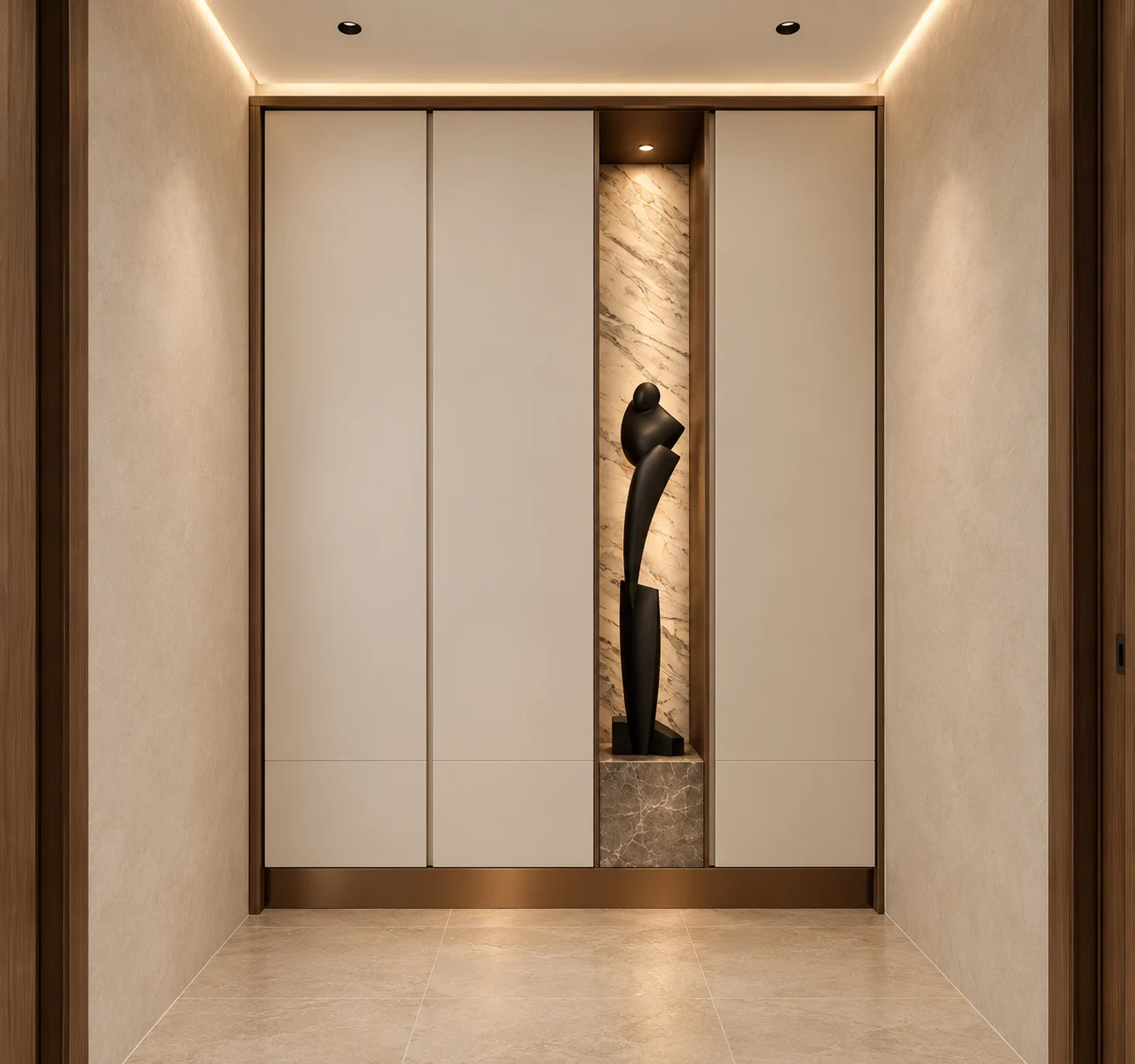 Entrance storage with flush doors and an illuminated sculptural display niche
