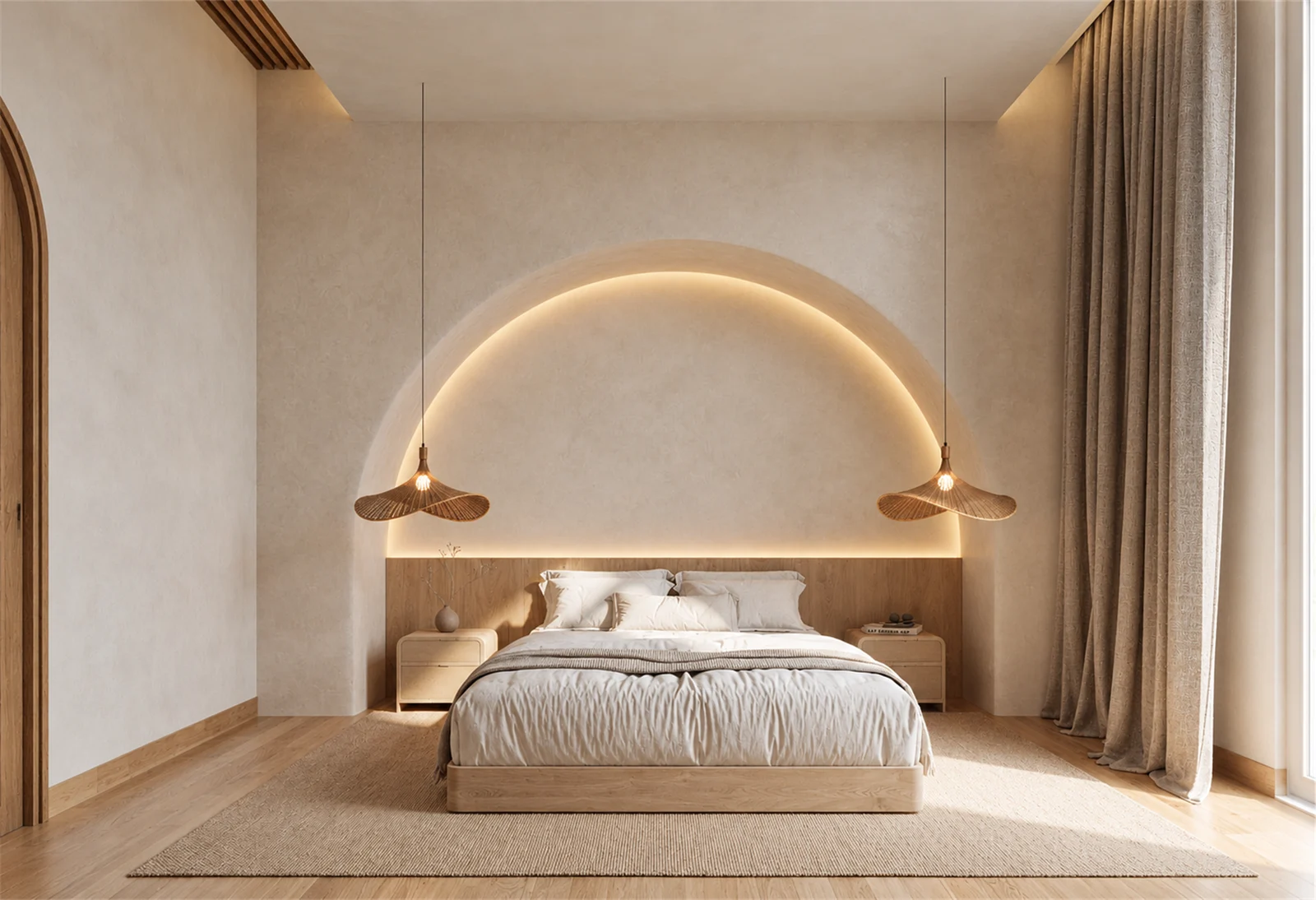 Bedroom with illuminated arched headboard
