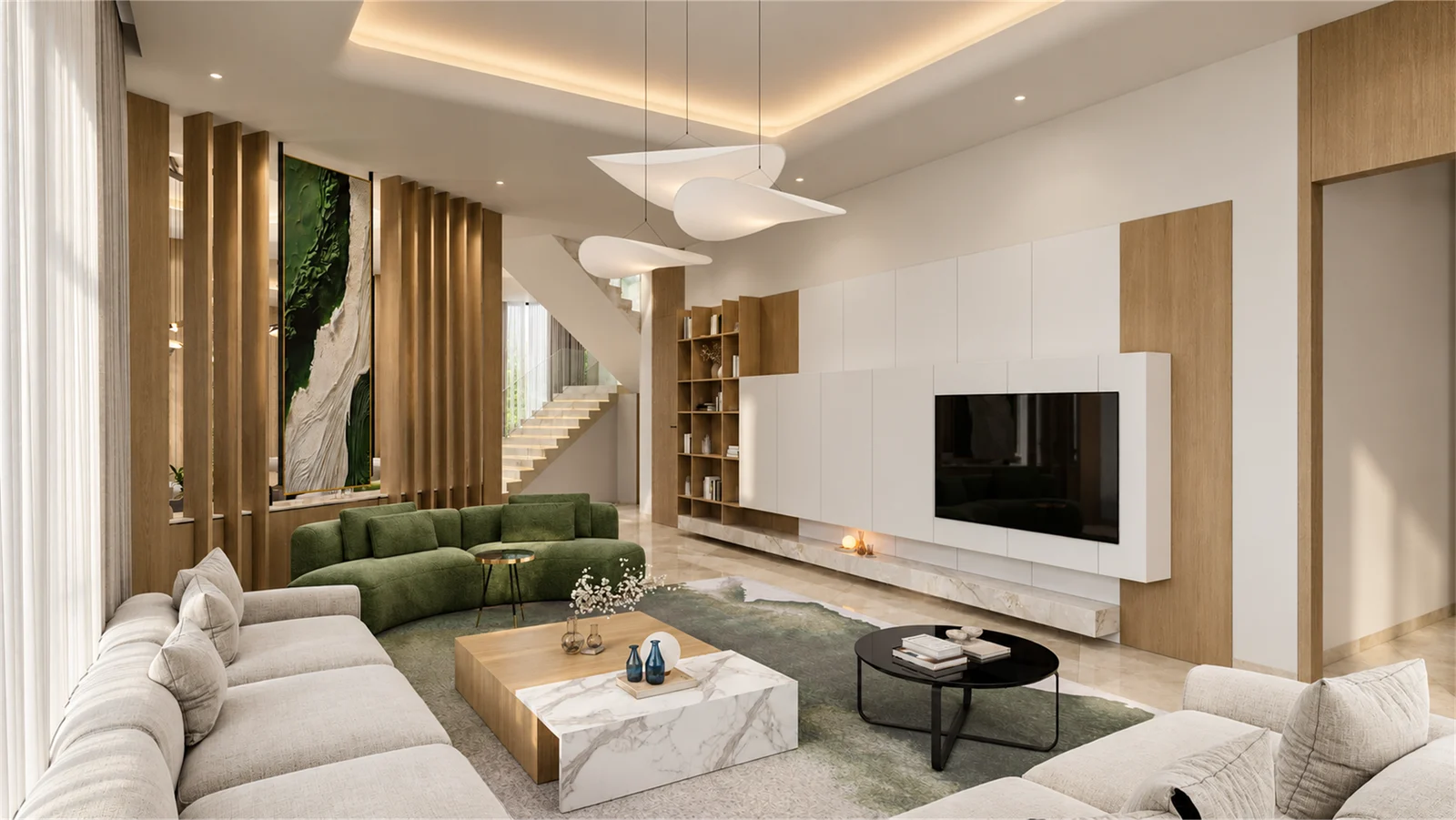 Family lounge facing the TV wall & linear fireplace