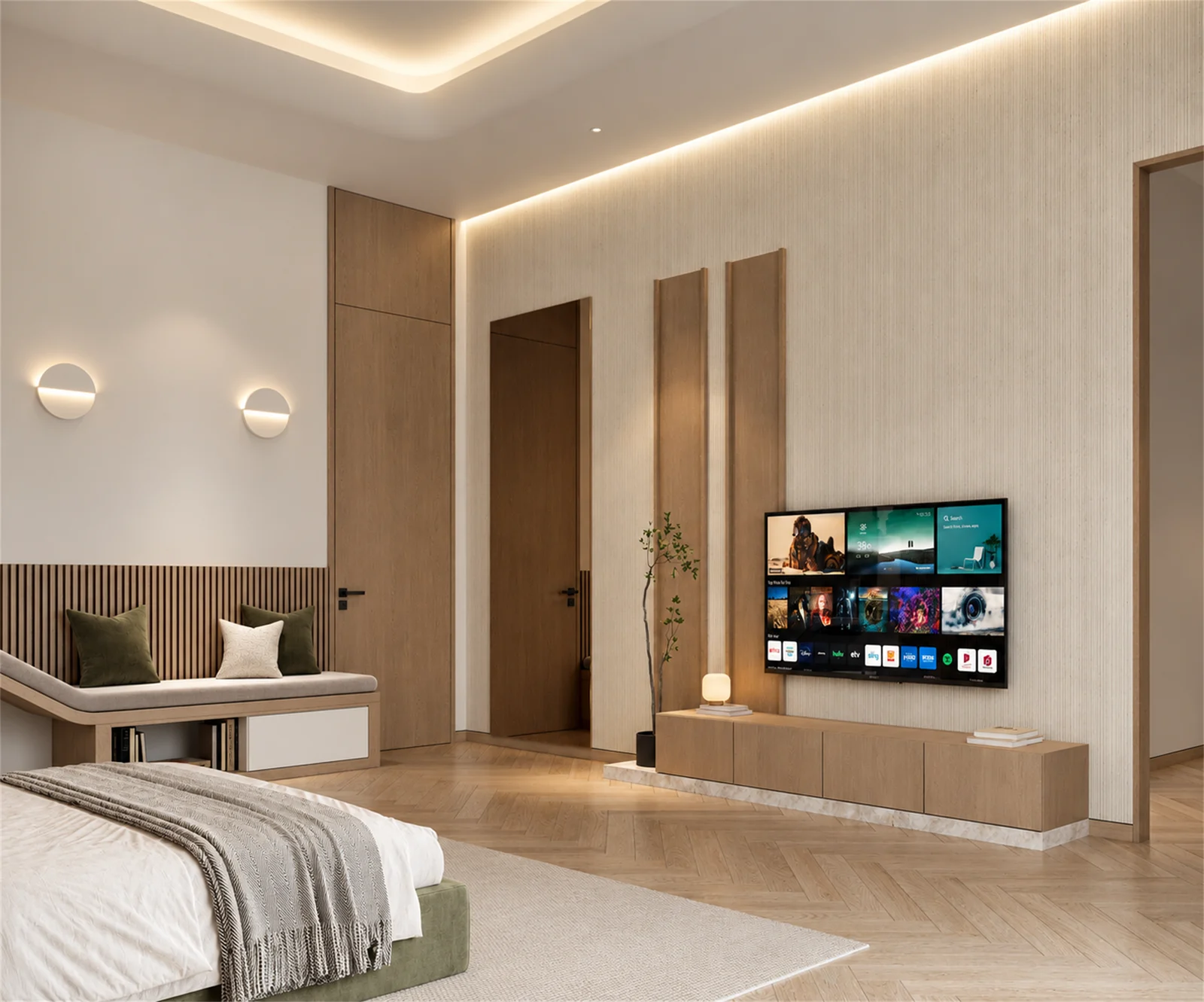 Bedroom lounge bench facing the TV console