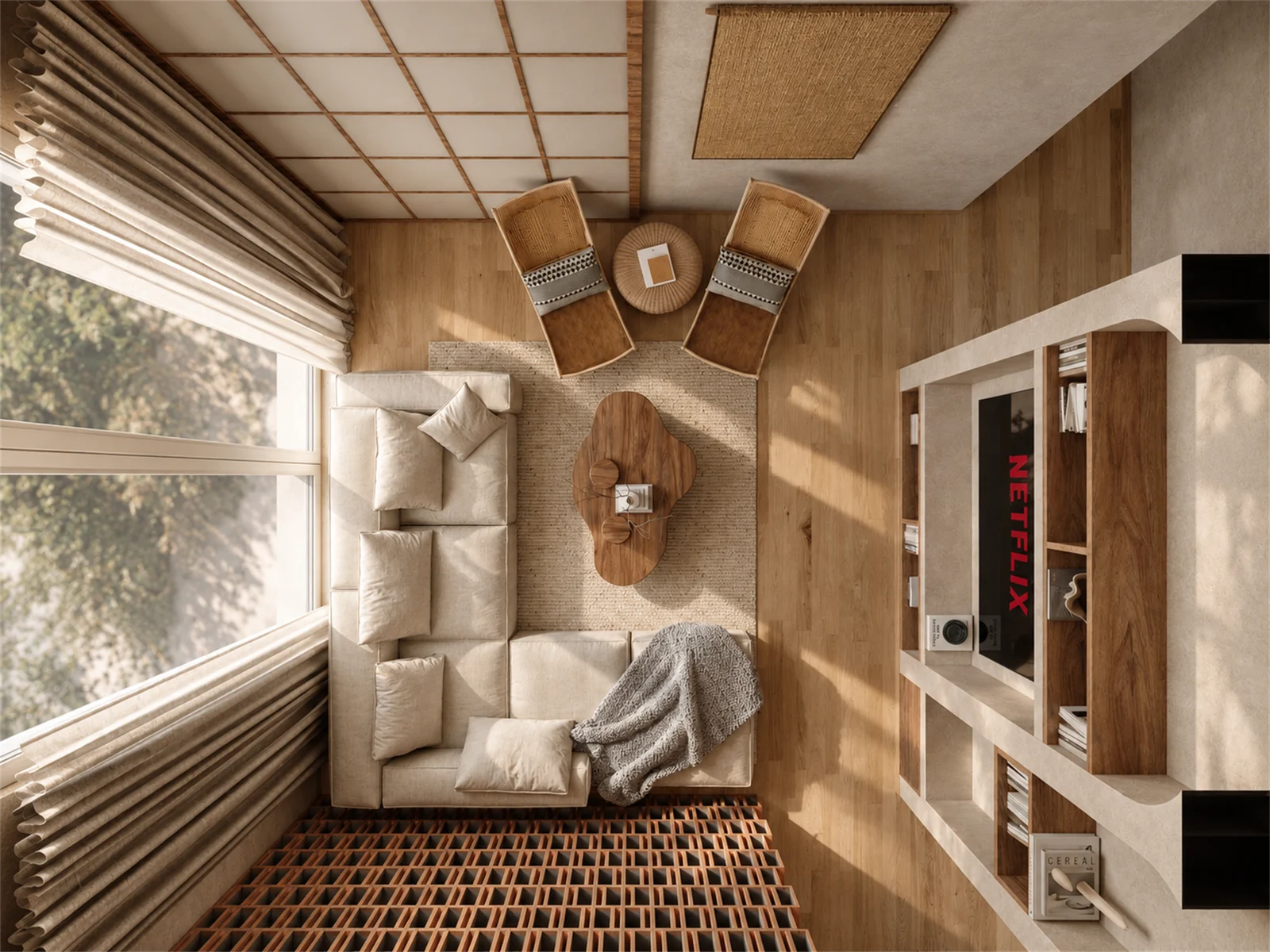 Overhead view of the TV lounge layout