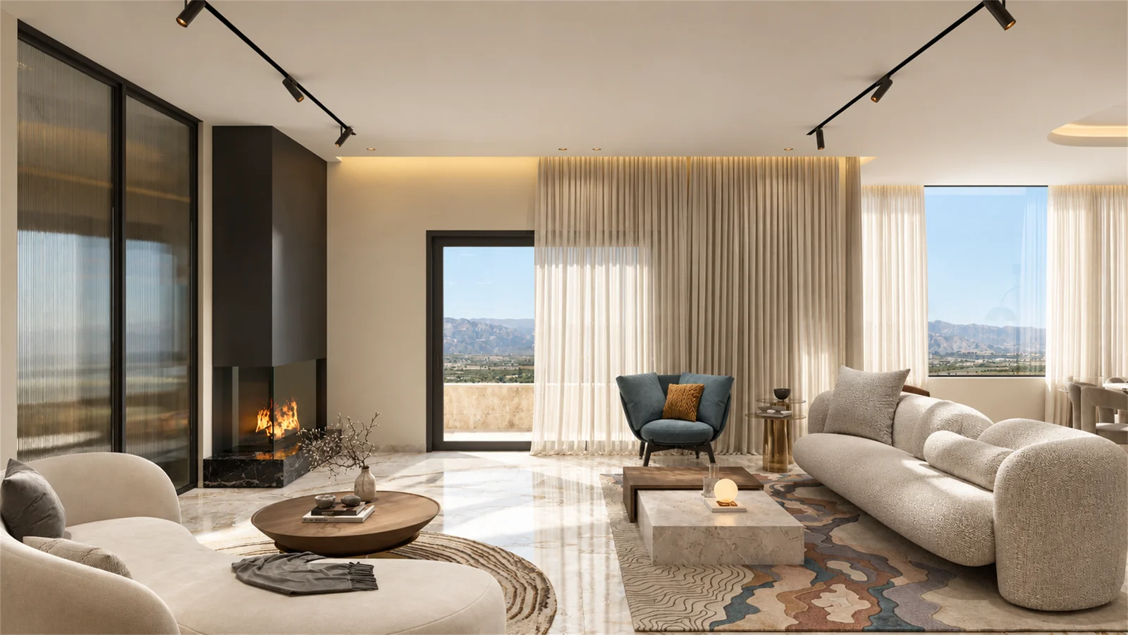 Curved seating & corner fireplace