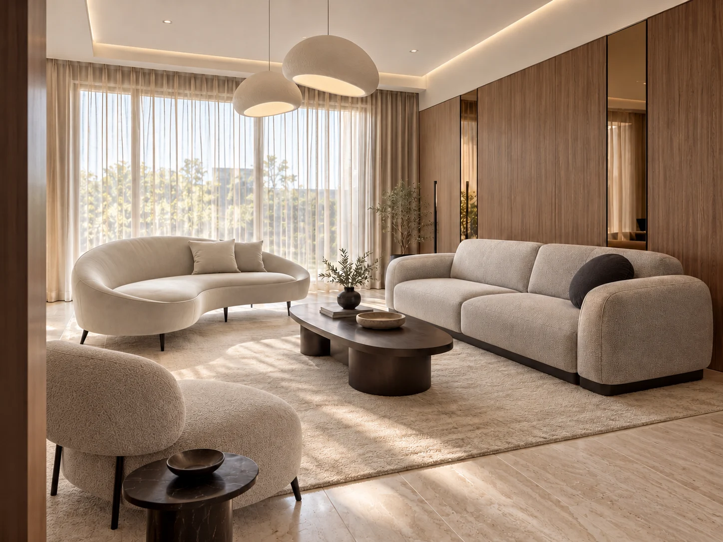 Living room with curved seating & timber wall panelling