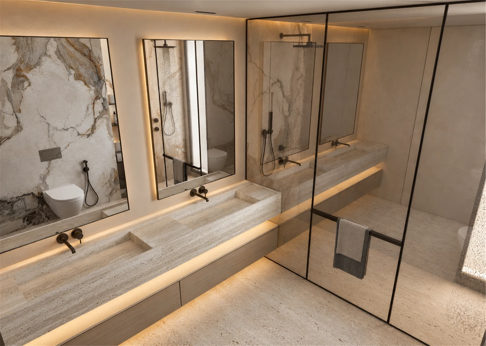 Double-basin detail & shower enclosure