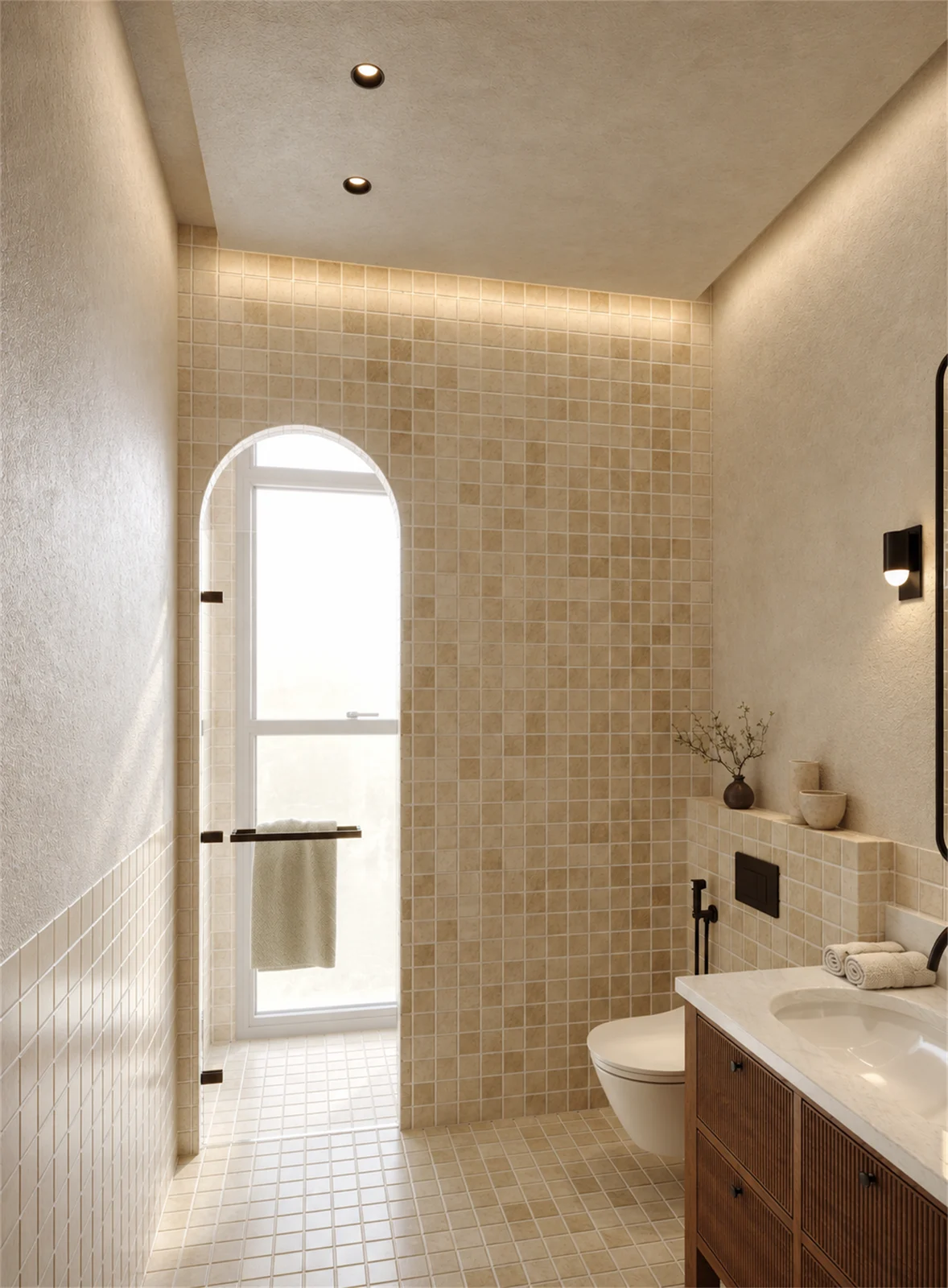 Bathroom with softly lit ceiling & arched window