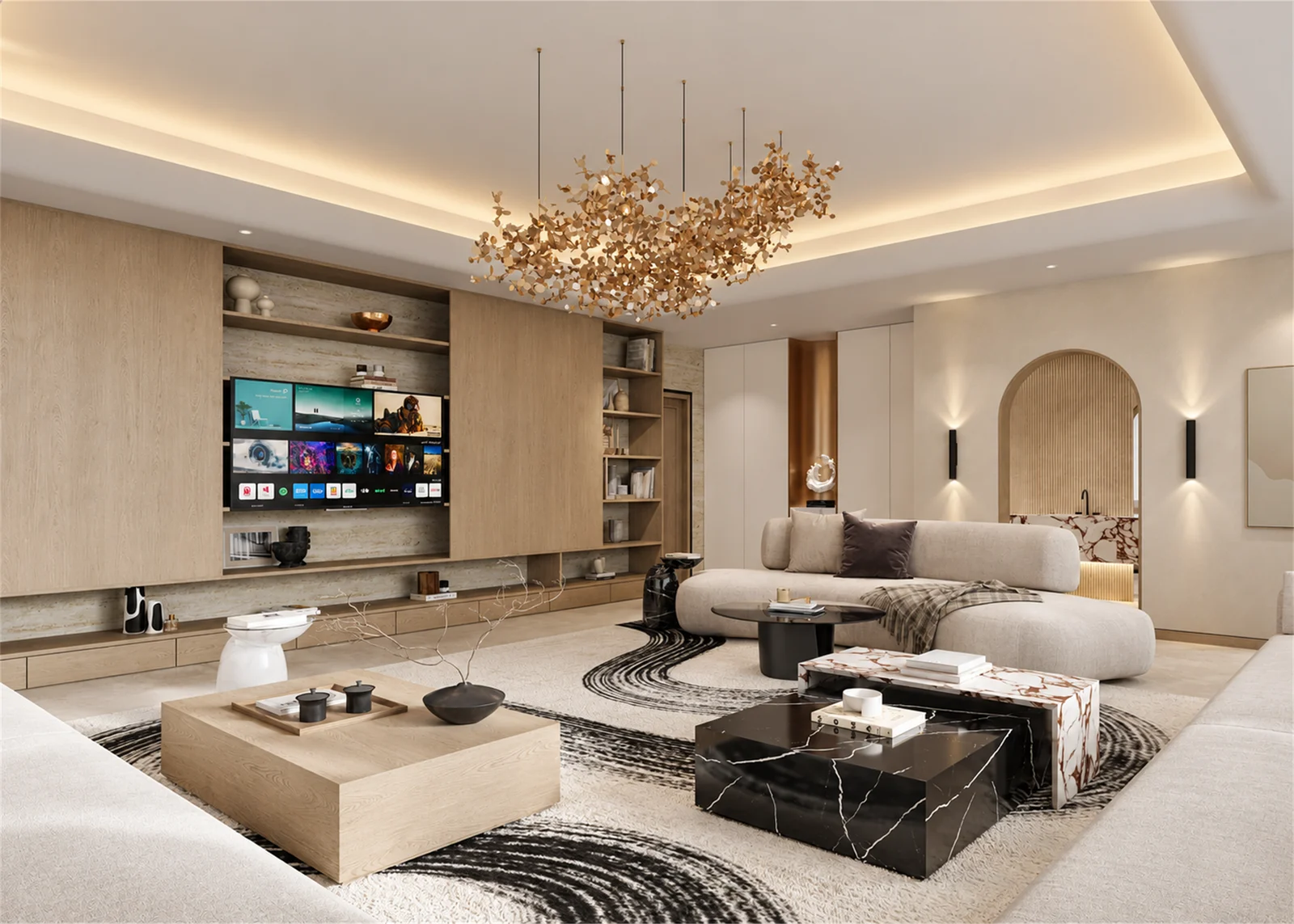Majlis coffee-table grouping beneath the sculptural chandelier
