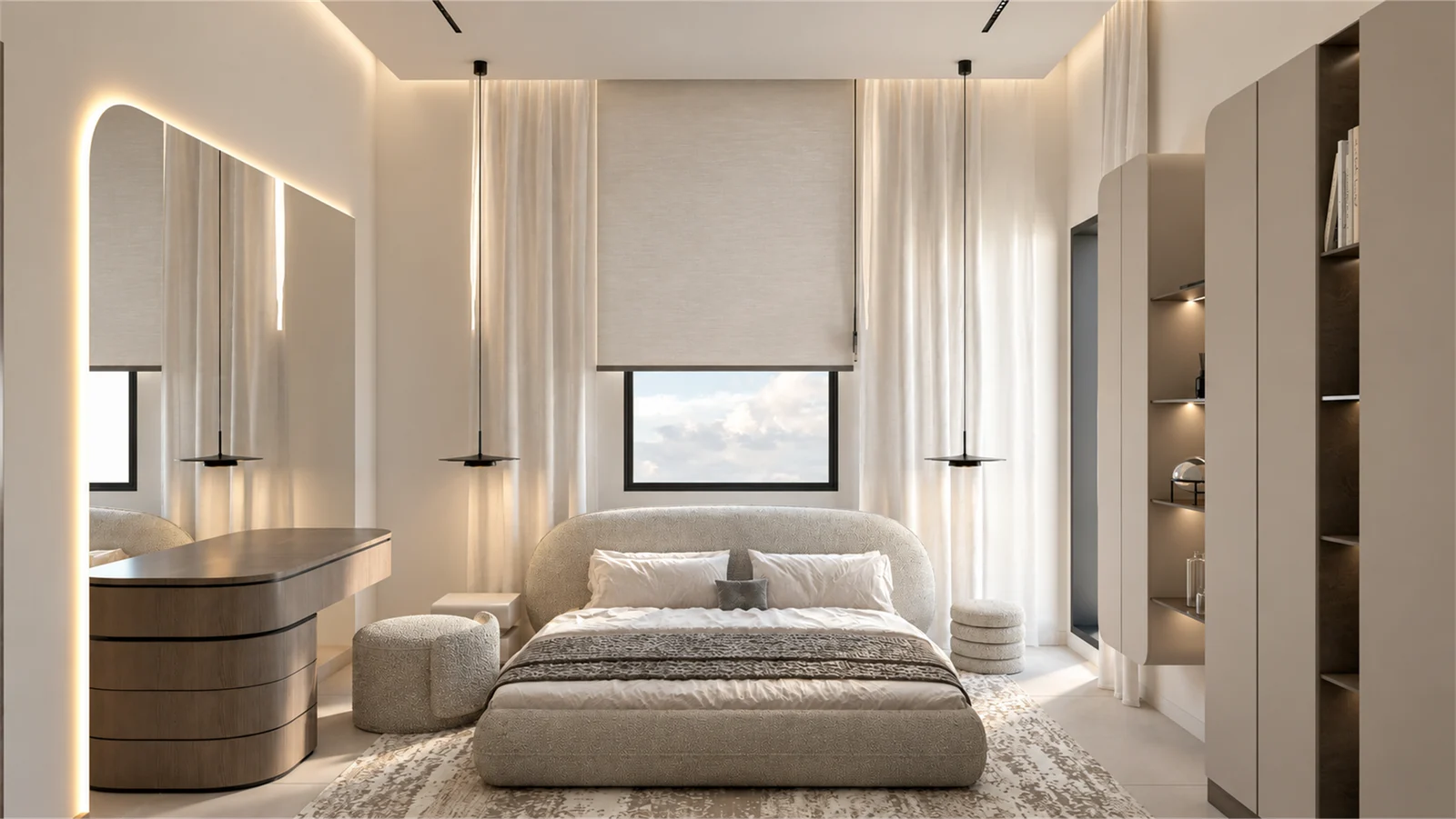 Upholstered bed & softly illuminated dressing mirror
