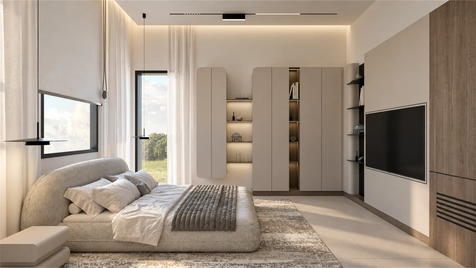 Bedroom with curved cabinetry & garden outlook