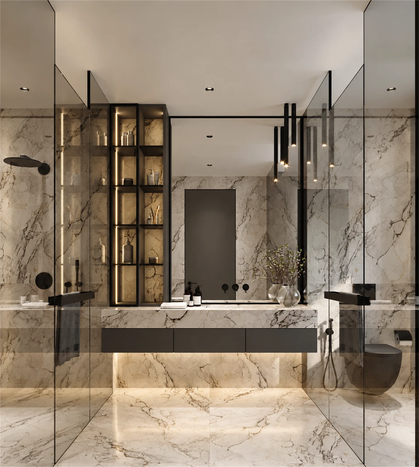 Main bathroom with twin basins & illuminated display storage