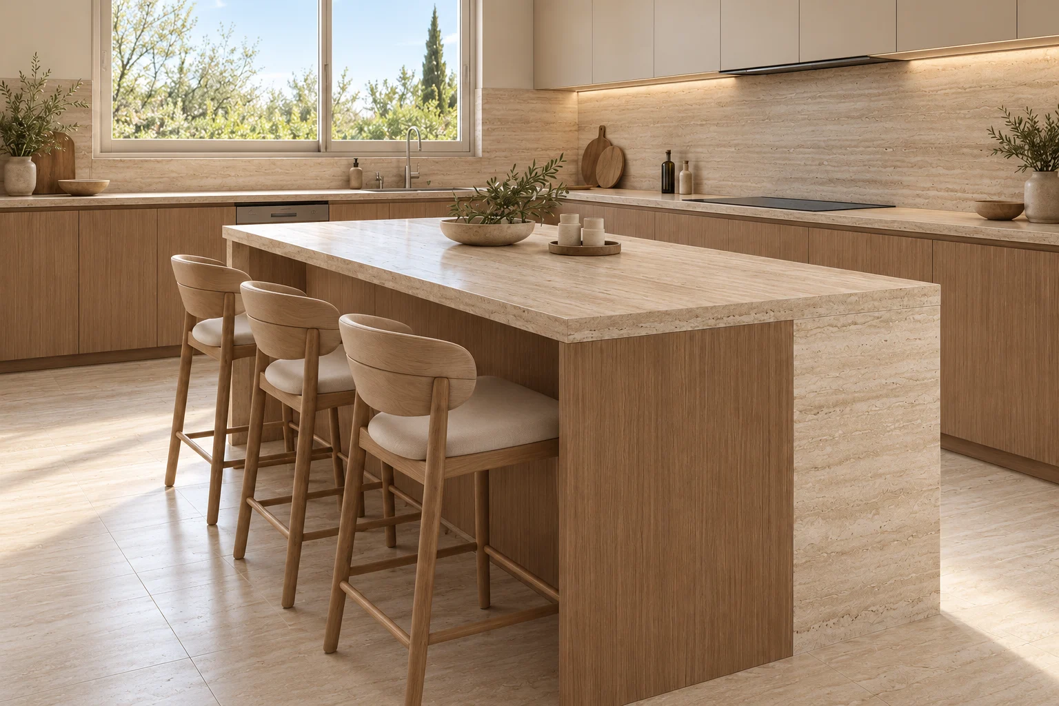 Kitchen island detail with a waterfall edge & timber stools